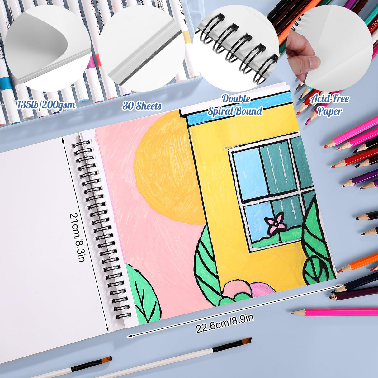 135lb/200gsm Marker Paper Pad, 8.3×8.9in Double Sided Bleedproof Sketch Pad, 30 Sheets Art Paper Spiral Sketchbook, Smooth Painting Coloring Alcohol Marker Paper for DIY, Gift Prudiut