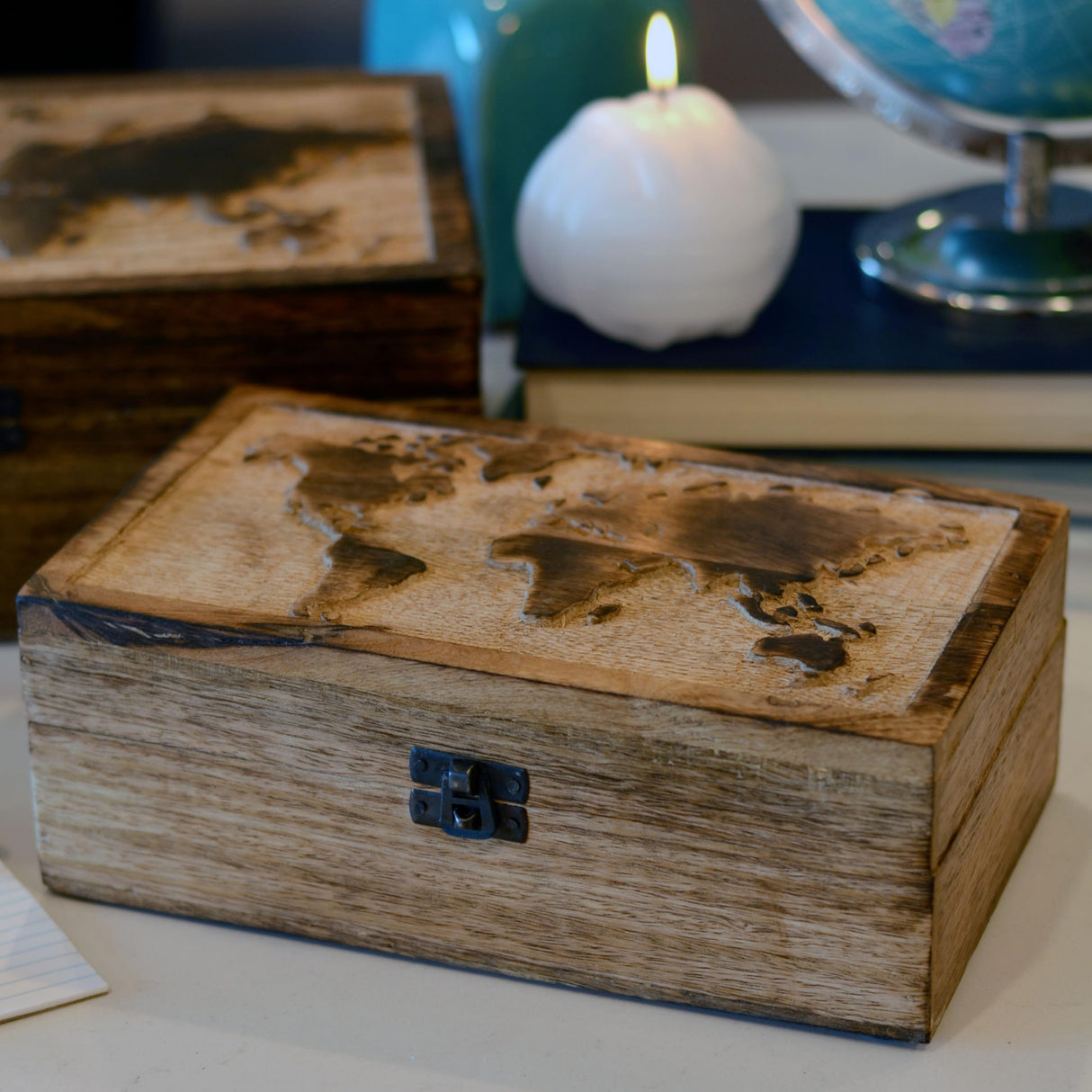 WHW Whole House Worlds World Map Boxes, Set of 2, Handmade, Mango Wood, Decorative, Raised Relief Details, 11.75 Inches WHW Whole House Worlds