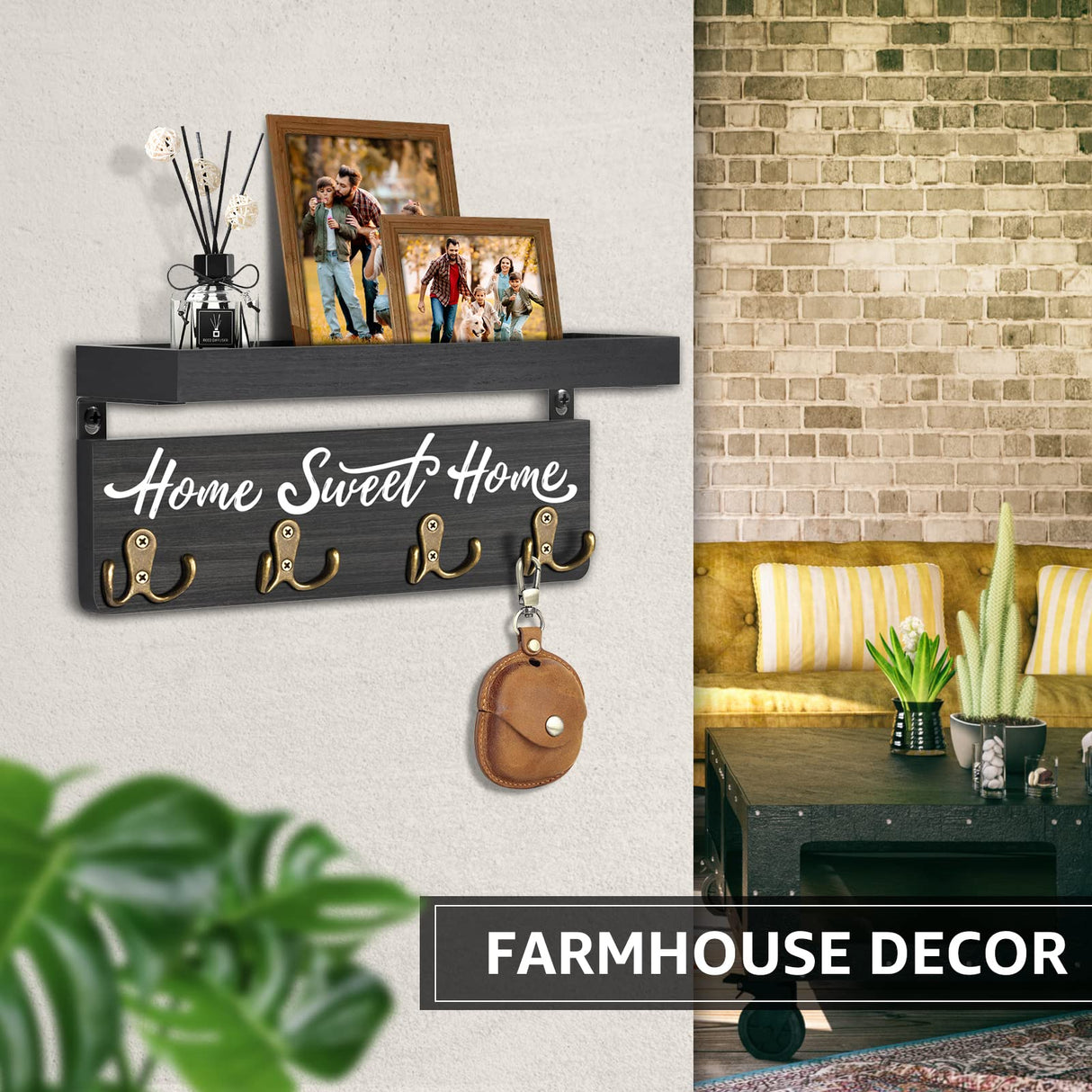 buways Key Holder for Wall Decorative, Rustic Wooden Key Hanger for Wall with 4 Double Key Hooks, Farmhouse Key Holder Rack and Mail and Key Organizer for Home Entryway Decor(Black) buways