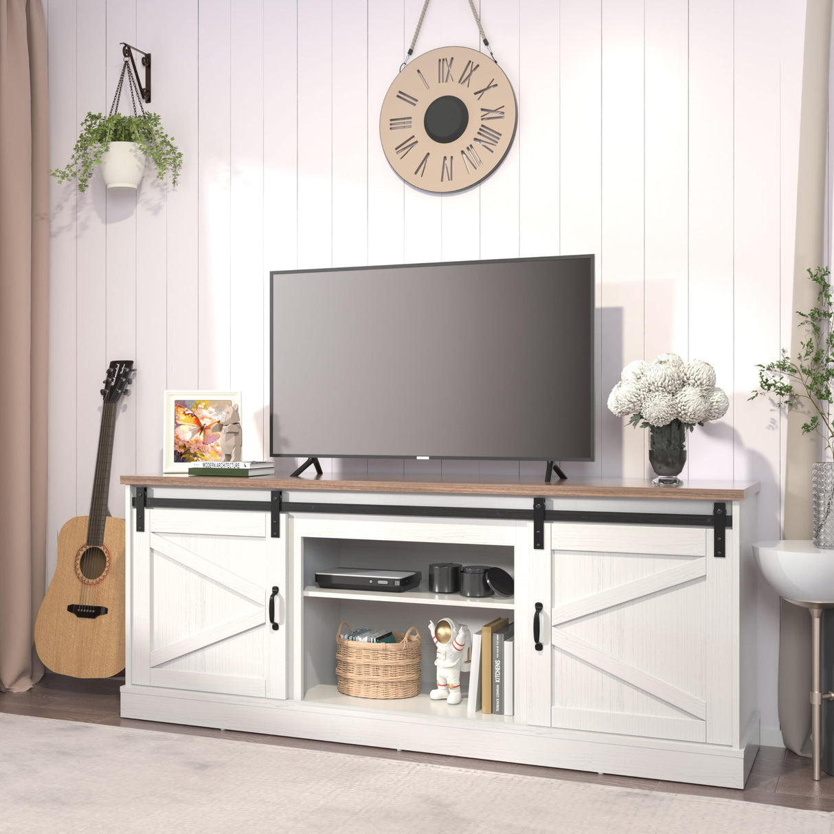 Kurapika Farmhouse TV Stand and Entertainment Center for TV Up to 75 Inch, with Adjustable Shelf and Sliding Barn Doors, Media Furniture with Storage Cabinet and Console Table, 67 Inch, White Kurapika
