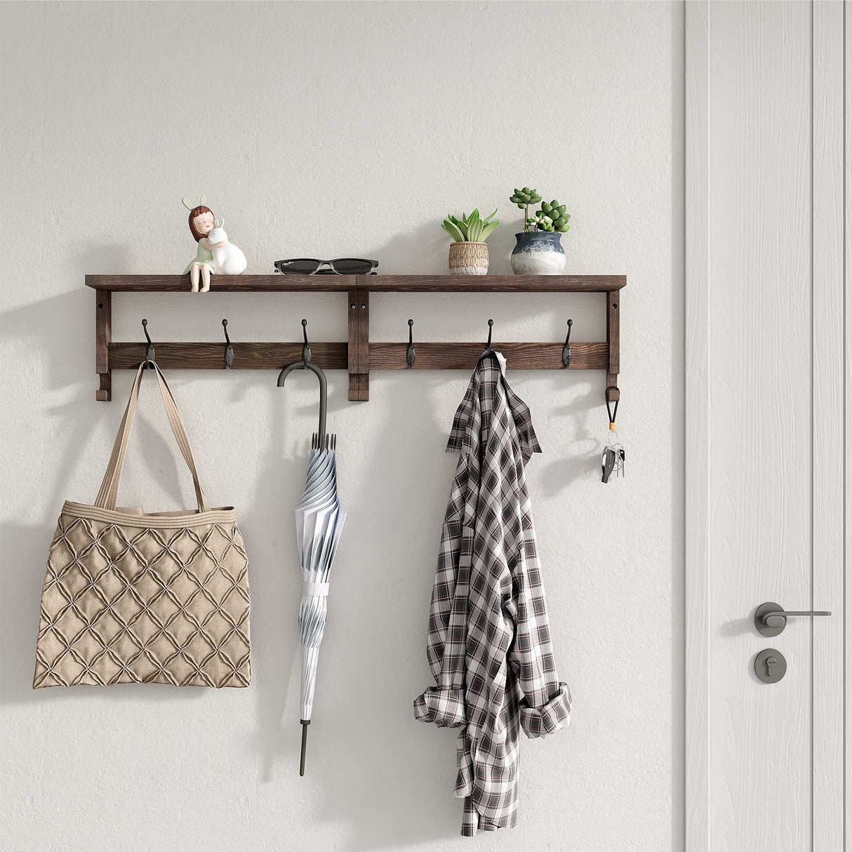 VERTORGAN Coat Hooks, Wood Rack Wall-Mounted, 31.5 Inch Entryway Shelf with 10 Hooks (Brown) VERTORGAN