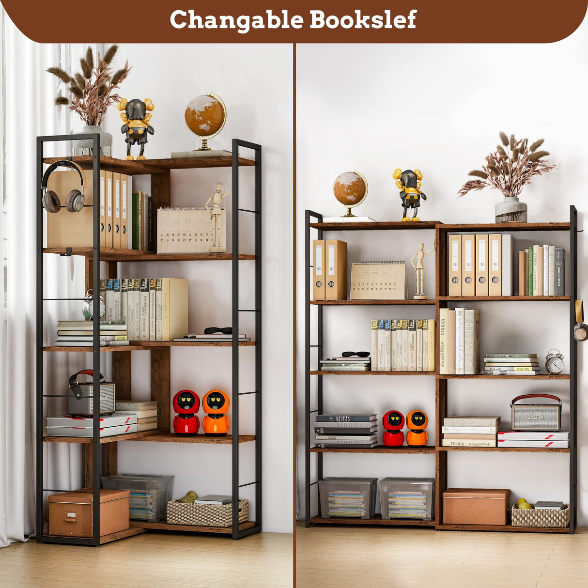 RKVPCNE 5 Tier L Shaped Bookshelf Wood Bookcase with 2 Hooks Modern Corner Bookshelf Library Industrial Shelving Book Case Adjustable Book Shelves for Bedroom Living Room Home Office Rustic Brown RKVPCNE
