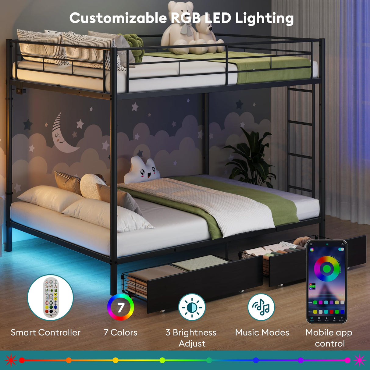 Full Over Full Metal Bunk Bed with LED Lights, USB Charging Station, 2 Drawers, Guard Rails & Ladder – No Box Spring Needed, Easy Assembly, Black stasado