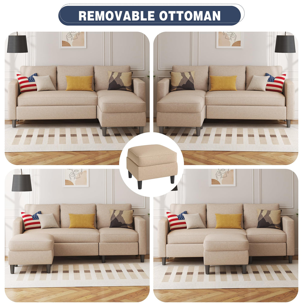 Shintenchi Small Sectional Sofa Couch,3 Seat L Shape Sofas with Ottoman,Upholstered Fabric Convertible Sofa Couches,Small Couches for Apartments, Living Room and Office (Beige) Shintenchi