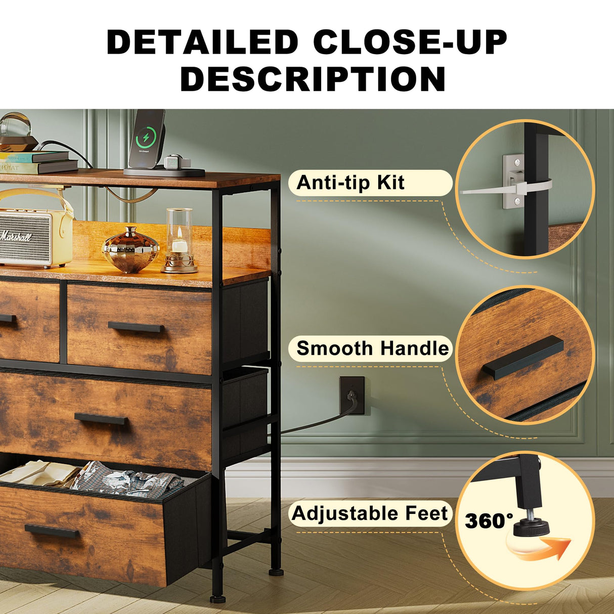 NASHZEN Dresser TV Stand with 7 Drawers, Dresser TV Stand with LED Lights & Power Outlets, Bedroom Dresser, Chest of Drawers up to 45'' Long TV, Wide Fabric Dresser with Open Shelf (Rustic Brown) NASHZEN