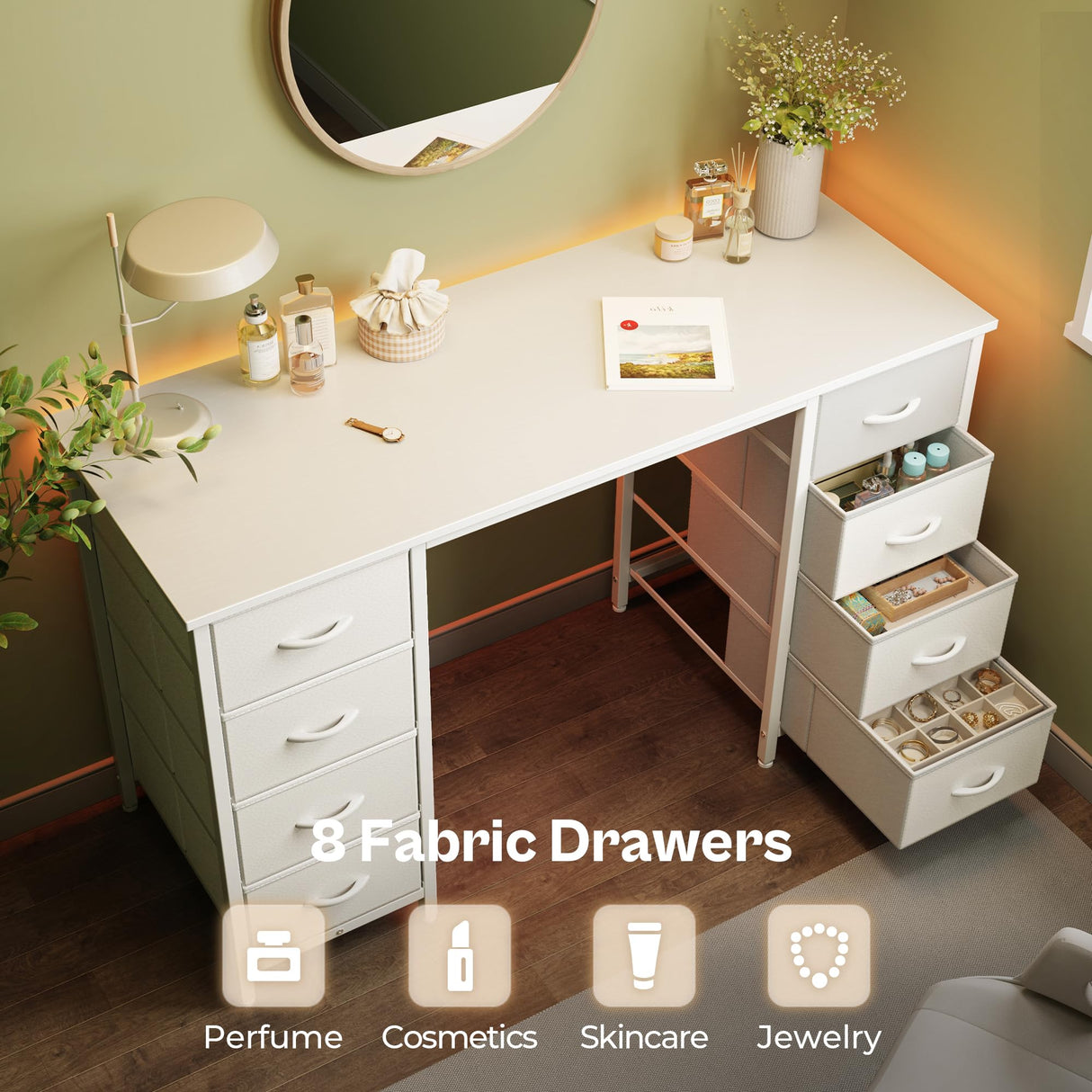 Huuger 47 Inch Vanity Desk with 8 Drawers, White Desk, Makeup Desk with Large Storage, Fabric Drawers, Wooden Desktop, Computer Desk Work Desk, for Home Office, Bedroom Huuger