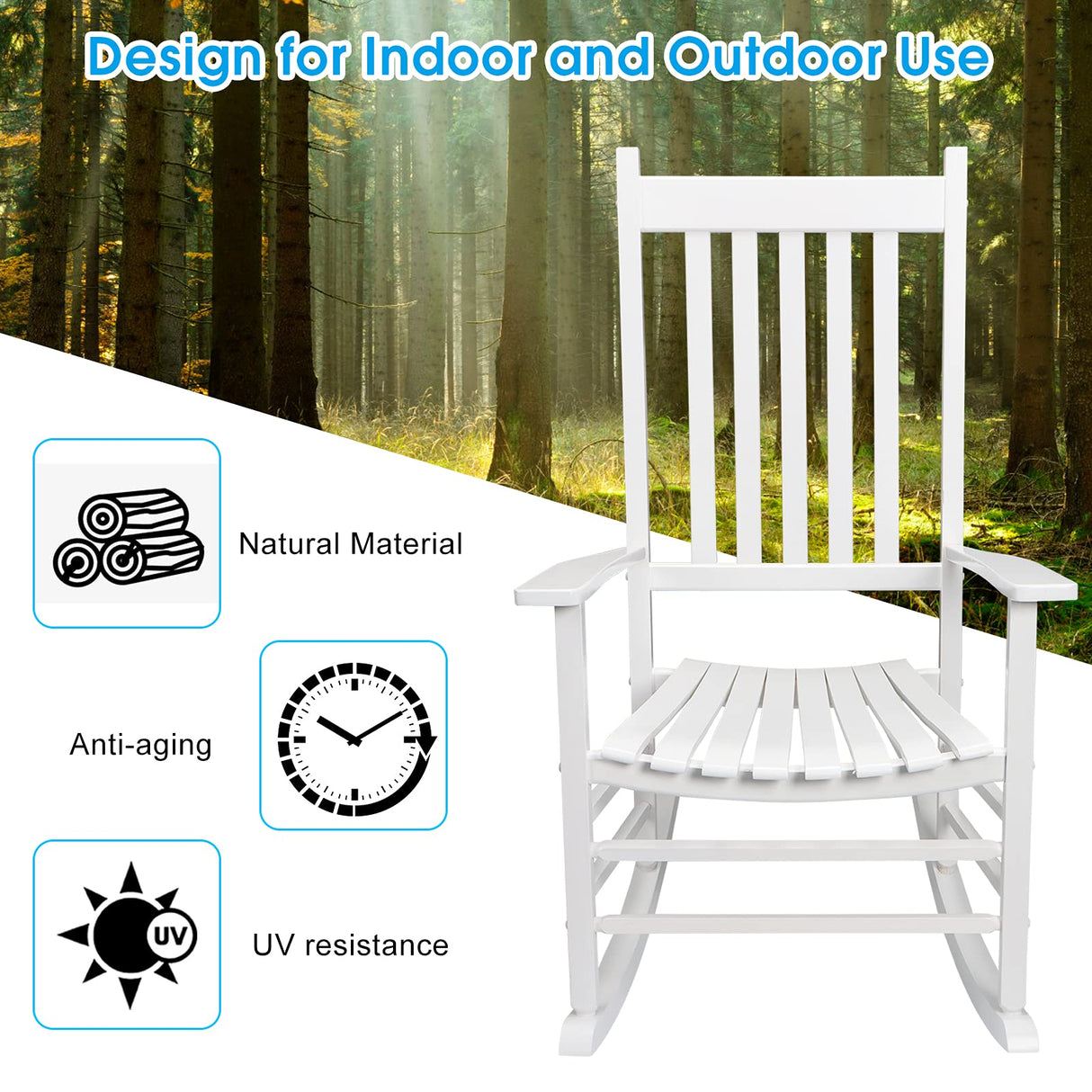 GnL Recsports Patio Rocking Chair, Outdoor Rocking Chair, Wood Porch Rocker, Wooden Rocking Chair for Adult for Garden, Lawn, Balcony, Backyard and Patio (1 White) GnL Recsports