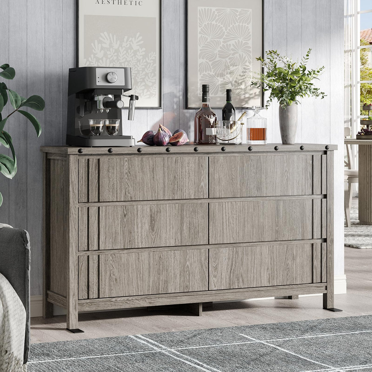 Maupvit Farmhouse 6 Drawers Dresser for Bedroom,55" Fluted Chest of Drawers with Storage Freestanding,Wooden Dresser TV Stand,Closet Clothes Storage Drawer Organizer for Living Room,Entryway,Hallway Maupvit