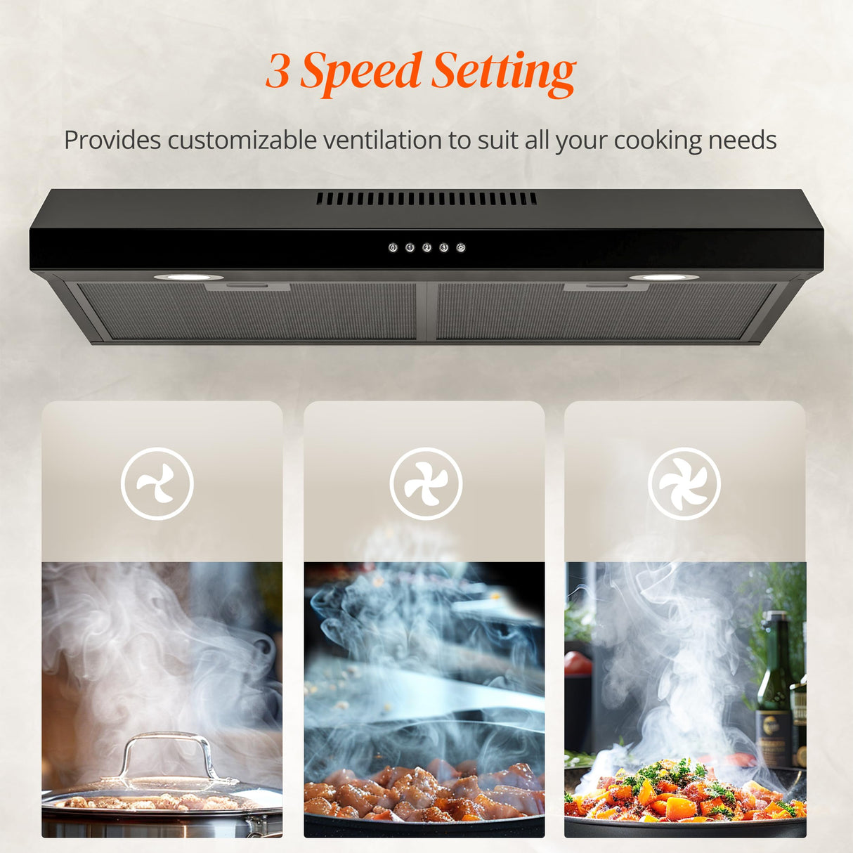 FIREGAS Black Range Hood 30 Inch Under Cabinet, Ducted/Ductless Convertible Kitchen Hood, 300 CFM, 3 Speed Exhaust Fan, Brushless DC Motor, Stove Hood Vents for Kitchen with LED Lights FIREGAS