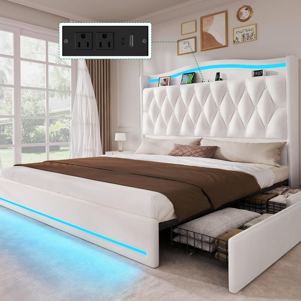 DWVO King Size Bed Frame with 4 Storage Drawers and RGB LED Lights, 57'' Tall Headboard Velvet Upholstered Bed with Charging Station, No Box Spring Needed, Easy Assembly, Noise-Free, White DWVO