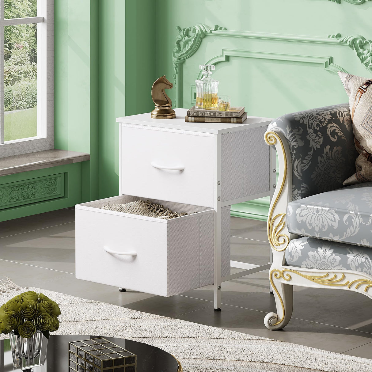 WLIVE White Nightstand, 2 Drawer Dresser for Bedroom, Small Night Stand with Fabric Drawers, Bedside Furniture, End Table for Bedroom, Closet, Entryway, College Dorm WLIVE