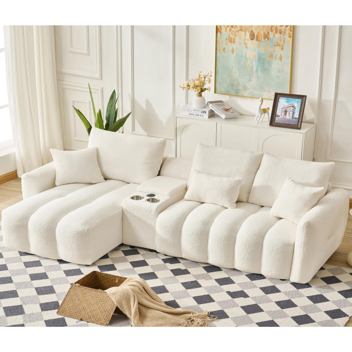 KEIKI 92" Chenille Sofa, 3 Seat Upholstered Couch with Center Console, USB Ports, Coffee Table, Deep Seat Couch for Living Room Bedroom Office Apartment, Off White KEIKI