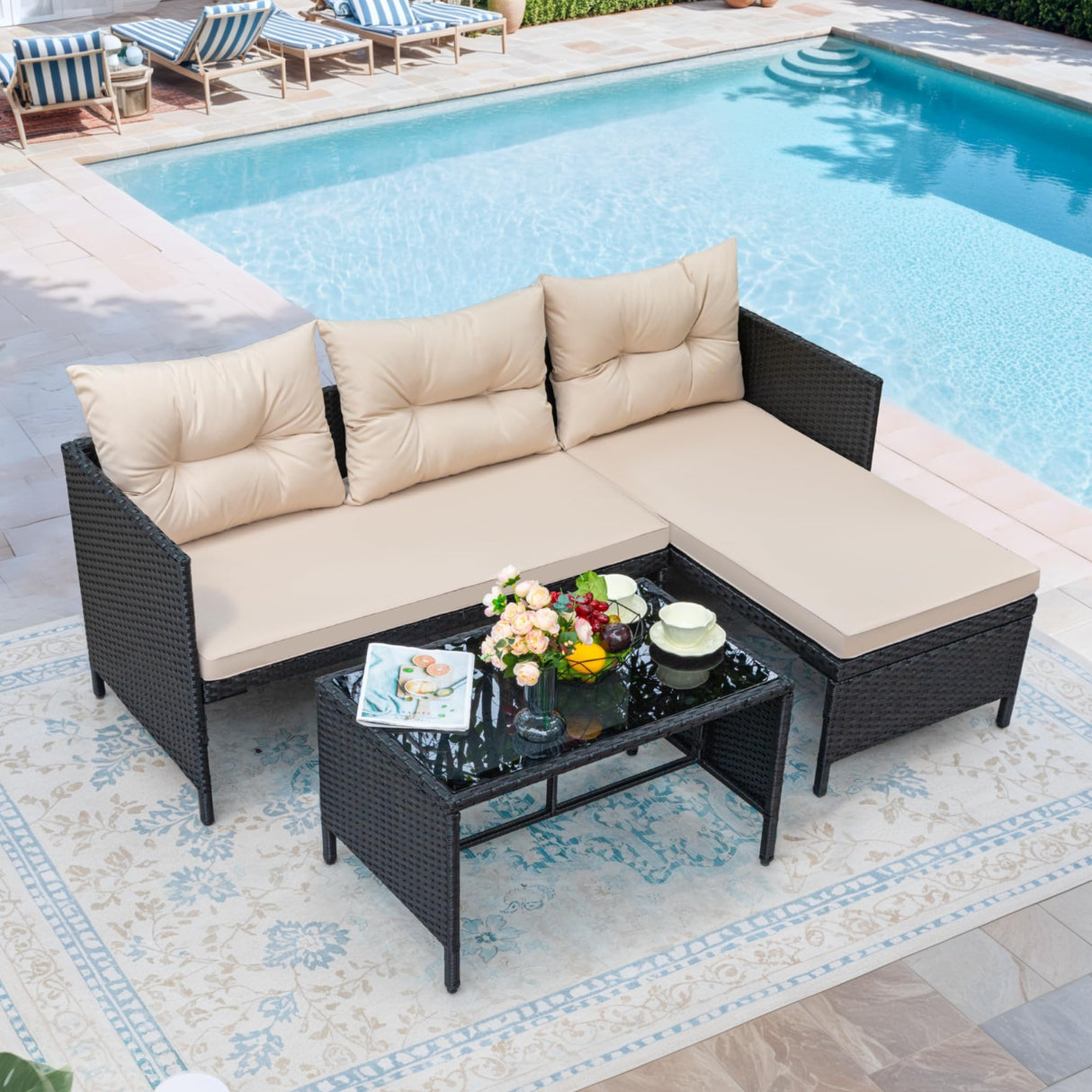 Greesum 3 Piece Patio Furniture Set Outdoor Wicker Rattan Sectional Sofa with Cushions & Coffee Table for Yard, Garden, Porch, Poolside, Light Beige Greesum