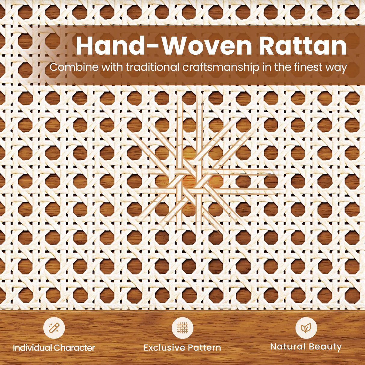 PHI VILLA Rattan King Bed Frame with Headboard, Wood Mid Century Boho Bed Frames, No Box Spring Needed, Brown PHI VILLA