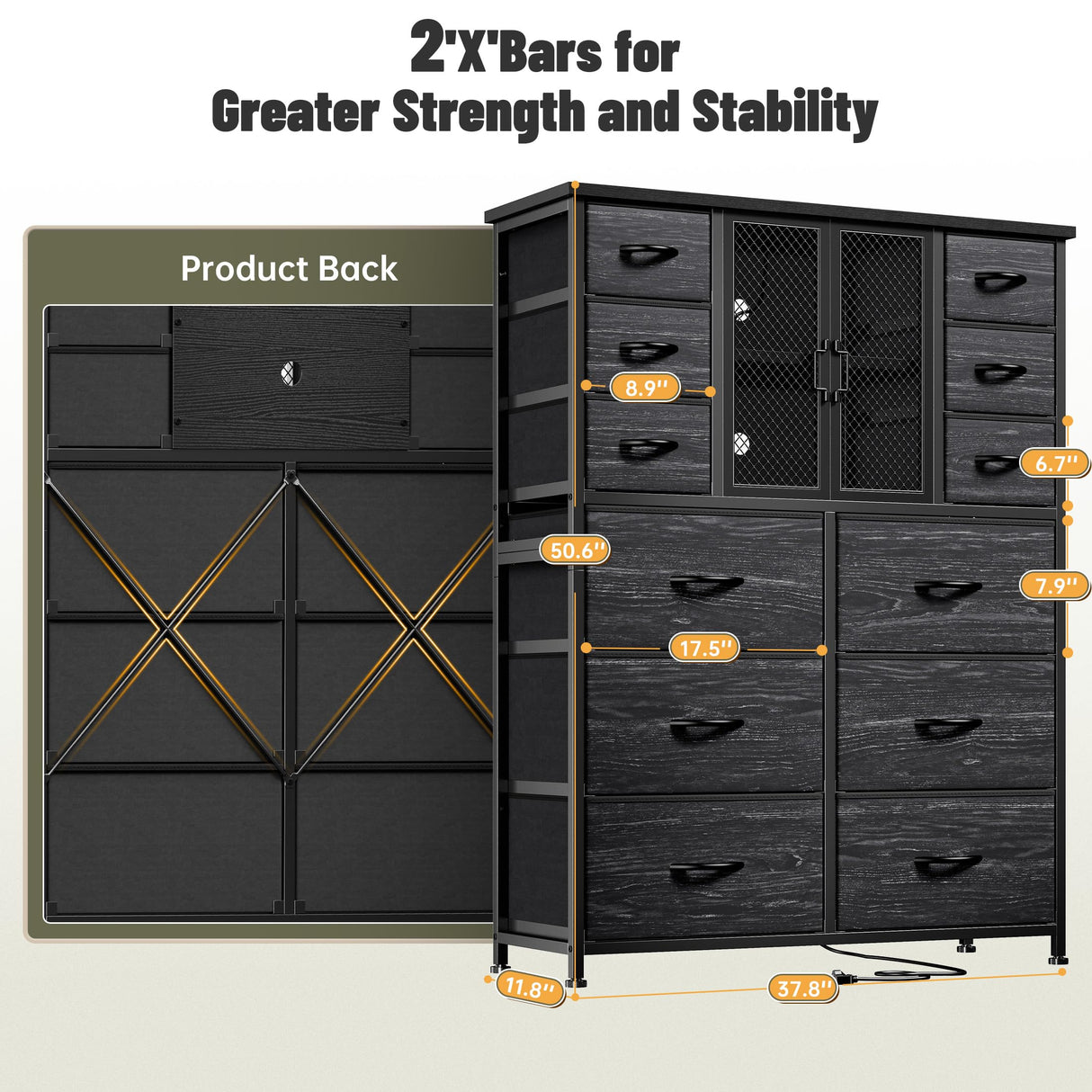 EnHomee Tall Dresser for Bedroom with 12 Drawer Dressers & Chests of Drawers for Closet with Charging Station & LED Lights & Mesh Door Sturdy Black Dresser with Wooden Top and Metal Frame EnHomee