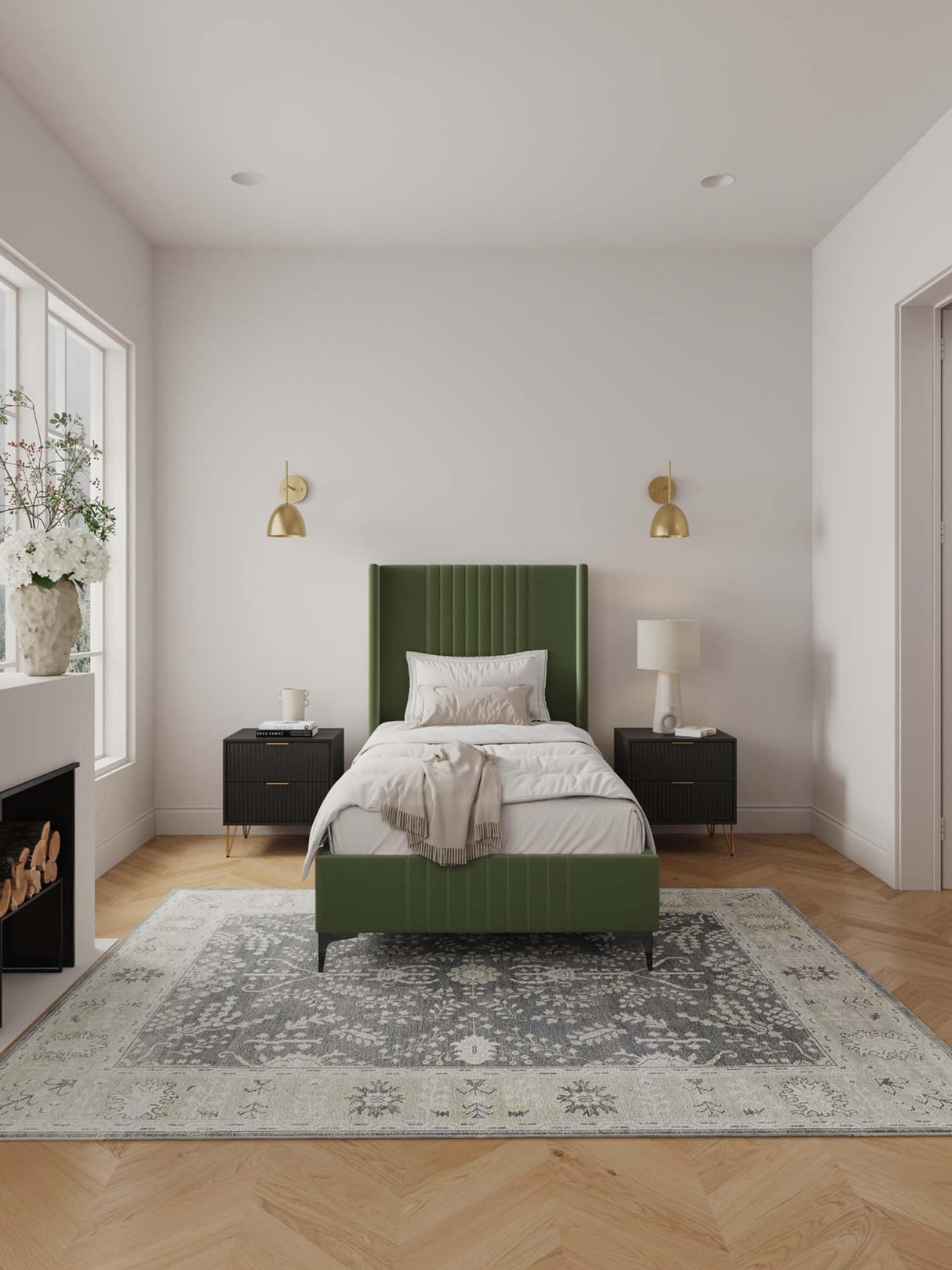 Manhattan Comfort Promenade Mid-Century Modern Velvet Upholstered Twin-Size Bed Frame - Luxurious Foam Padding, No Box Spring Needed, Stylish Vertical Stitched Headboard, Moss Green Manhattan Comfort