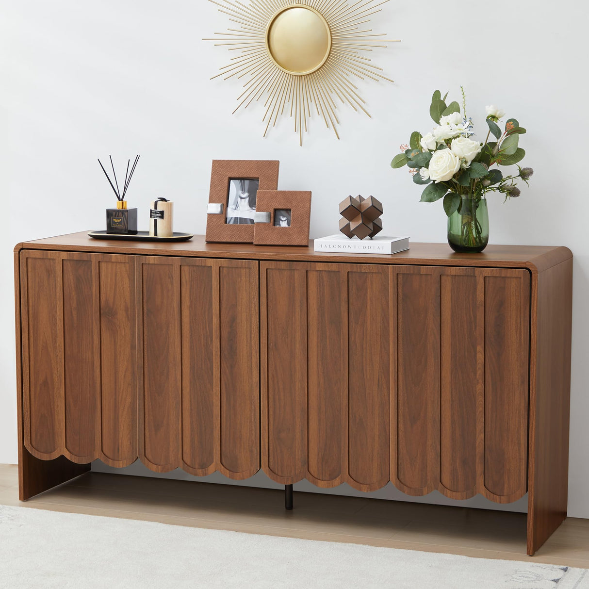 ORRD Sideboard Buffet Cabinet, Accent Storage Cabinet with 4 Doors, Farmhouse Wood Cabinet with Adjustable Shelves and Wave Panel for Living Room, Dining Room, Entry - Walnut ORRD