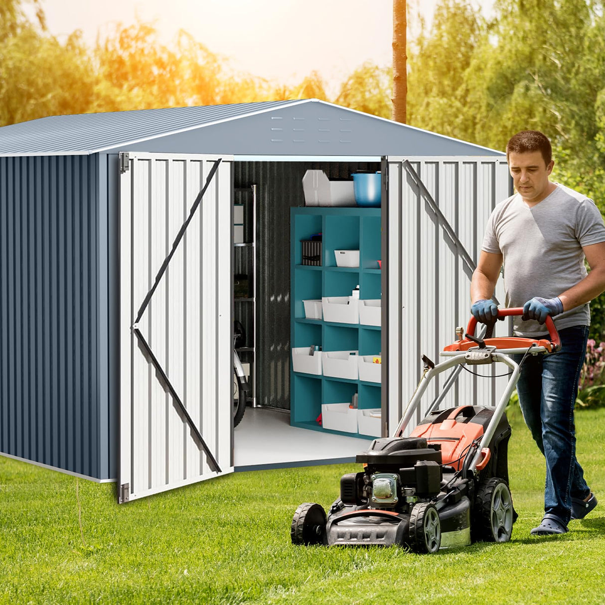 10x10 FT Outdoor Metal Storage Shed, Large Metal Storage Sheds with Sturdy Frame Structure, Garden Tool Shed with Lockable Door for Garden, Lawn, Backyard, Gray CuisinSmart