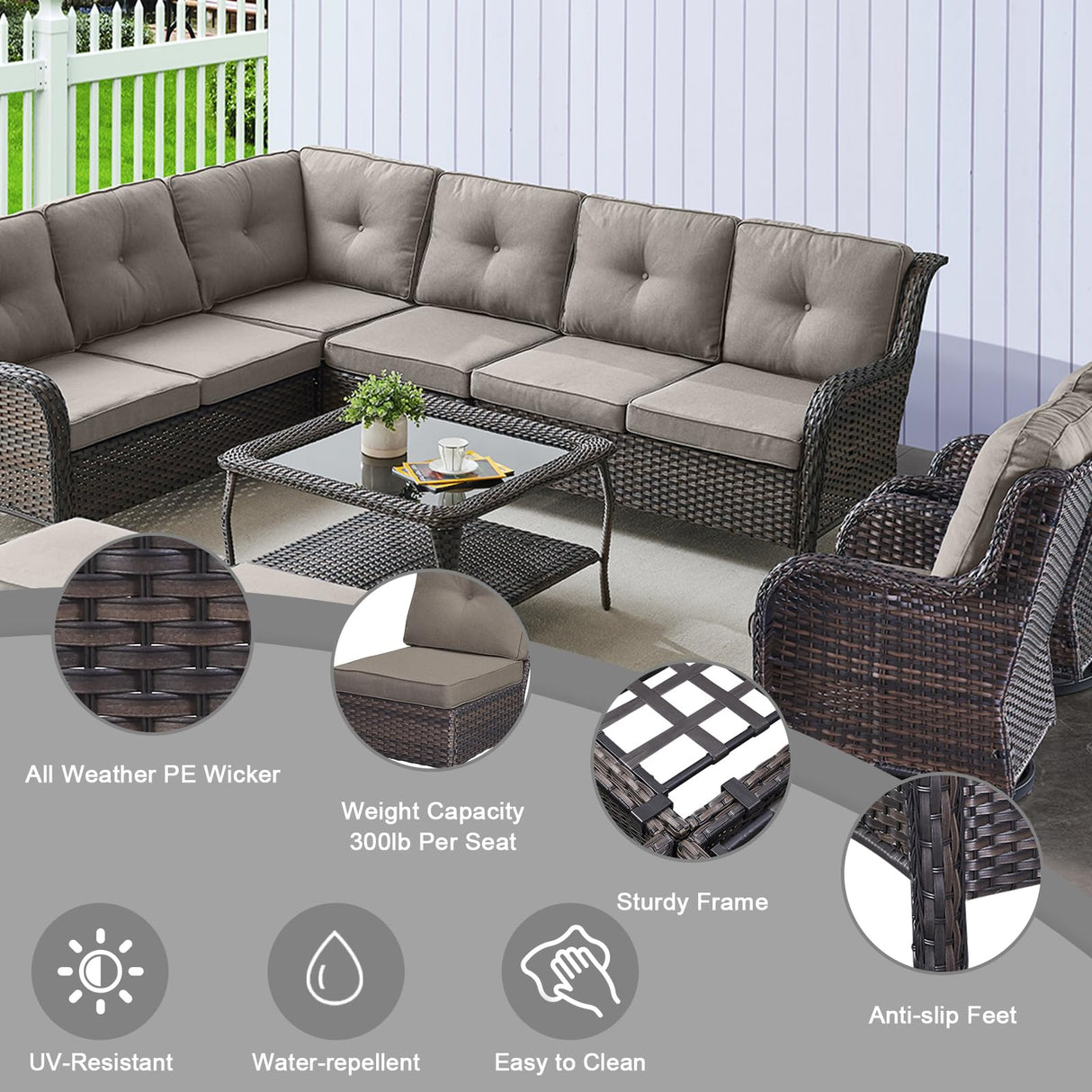 HUMMUH 8 Pieces Outdoor Patio Furniture Set with Fire Pit,L-Shaped Modular Sectional Couches with Swivel Patio Chairs,Wicker Conversation Set for Deck,Backyard,Porch,Garden HUMMUH
