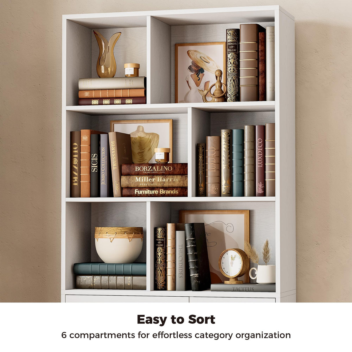 IRONCK Bookshelf with Drawers, 70.9 inch Tall Bookcase with Doors, Bookshelves and Bookcases with Storage, Bookshelf with 6 Open Cubes for Home Office, Living Room, Study, White IRONCK