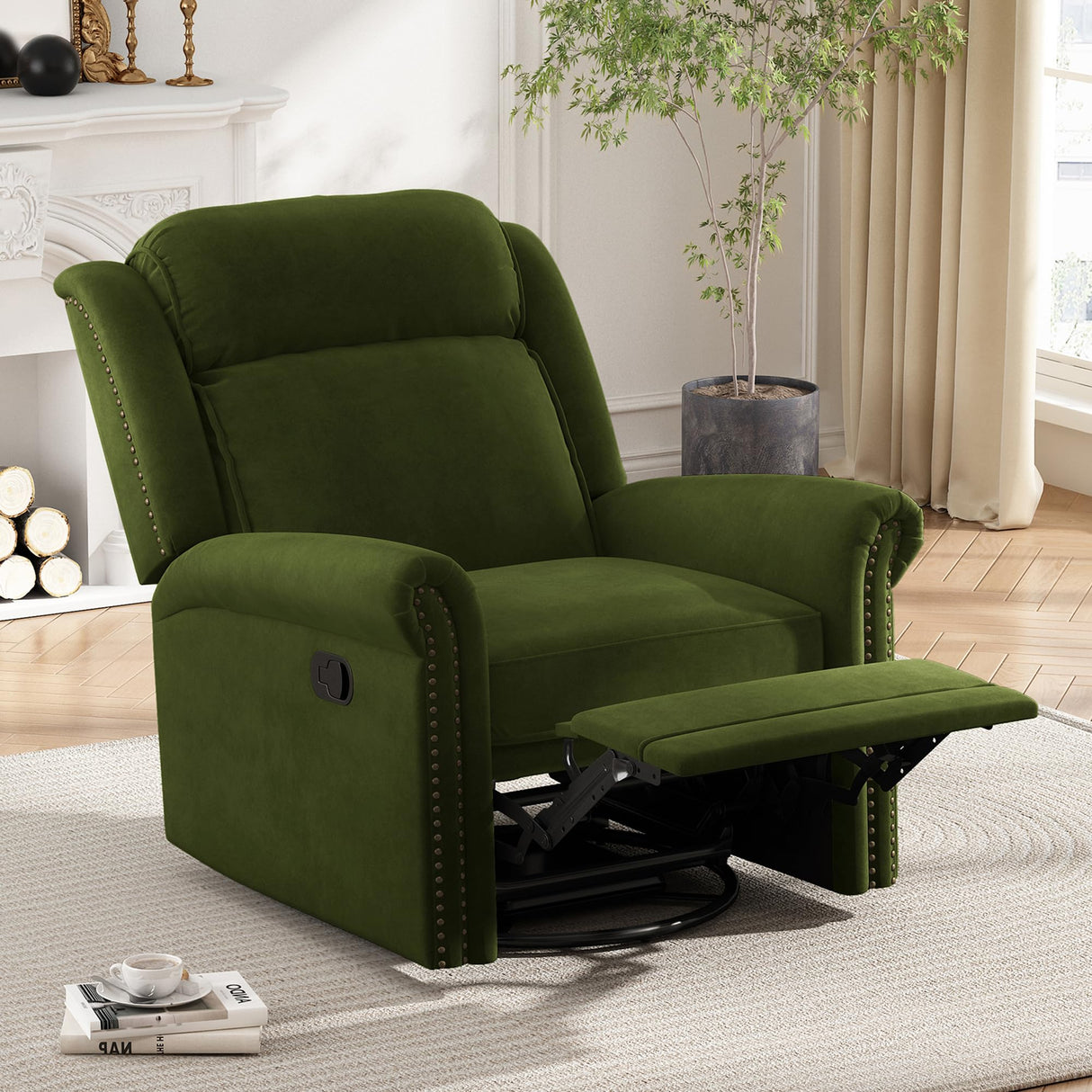 360° Swivel Recliner Chair with Adjustable Backrest, Manual Rocking Recliner Home Theater Manual Recliner Chair with Metal Base and Velvet Fabric for Living Room (Green, 2) JIVOIT