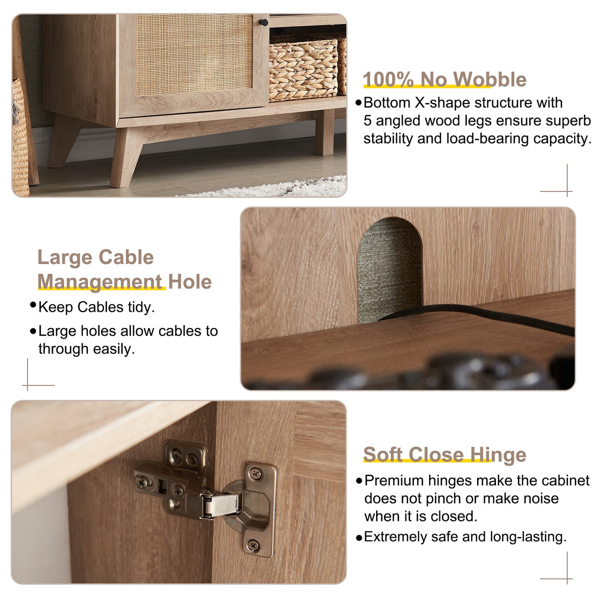 OKD TV Stand for 75+ Inch TV, Mid Century Modern Entertainment Center with Natural Rattan Door, Storage Shelves, Large Boho Media TV Console, Long Television Stand for Living Room, Oak OKD