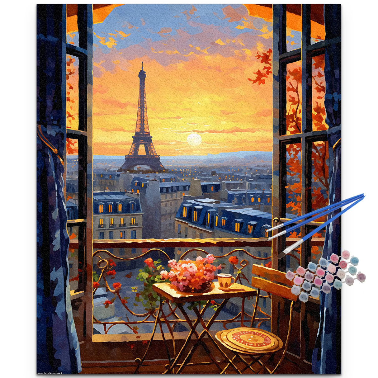 JUJUHOOD Romantic View Paris from Window Paint by Numbers Kit for Adults,Eiffel Tower Adult Paint by Number Kits,DIY Acrylic Paint by Number on Canvas for Home Wall Decor 16X20 Inch JUJUHOOD