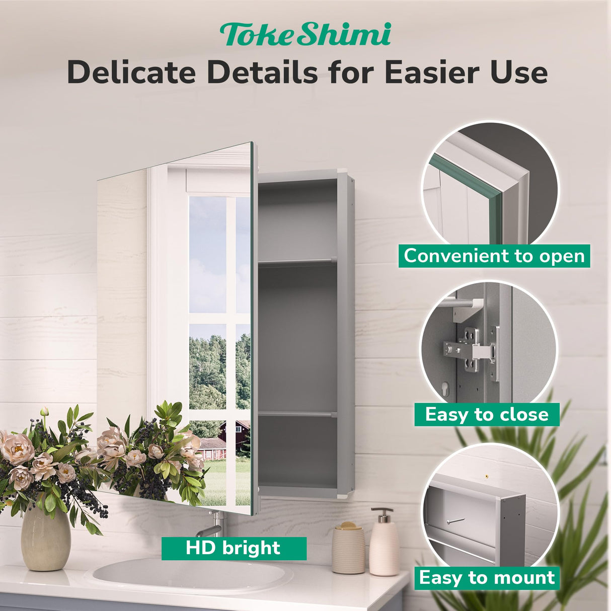 TokeShimi 16x24 Bathroom Medicine Cabinet with Mirror Tempered, Aluminum Silver Mirrored Medicine Cabinet Recessed or Surface Mount with Adjustable Storage Metal for Modern Farmhouse TokeShimi