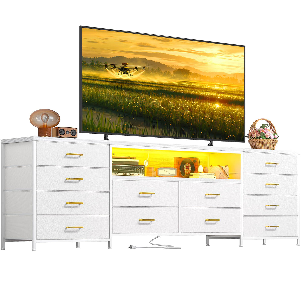 EnHomee 12 Drawer Dresser TV Stand for 65 70 75 Inch TV, 63" W Extra Long White Dresser for Bedroom with LED Lights & Power Outlets, Entertainment Center with Drawers, Fabric Dresser for Closet EnHomee