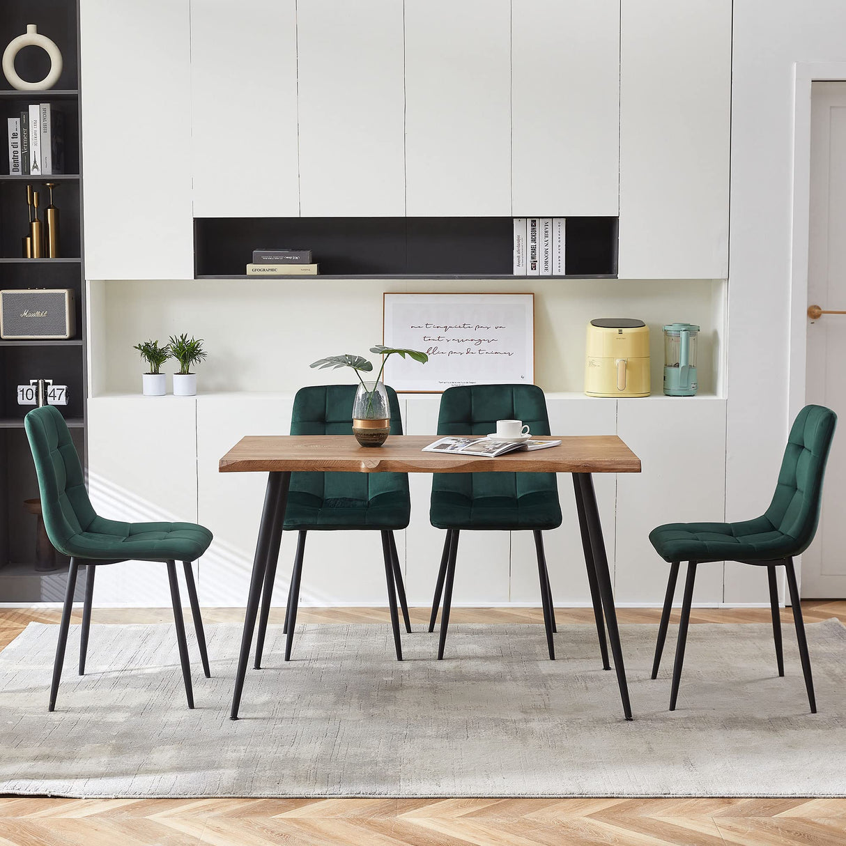 NORDICANA 5-Piece Dining Table Set, 47 in Modern Irregular Rectangle Kitchen Table & 4 Forest Green Velvet Upholstery Side Chairs, Metal Legs, Dining Room Set for 4 NORDICANA