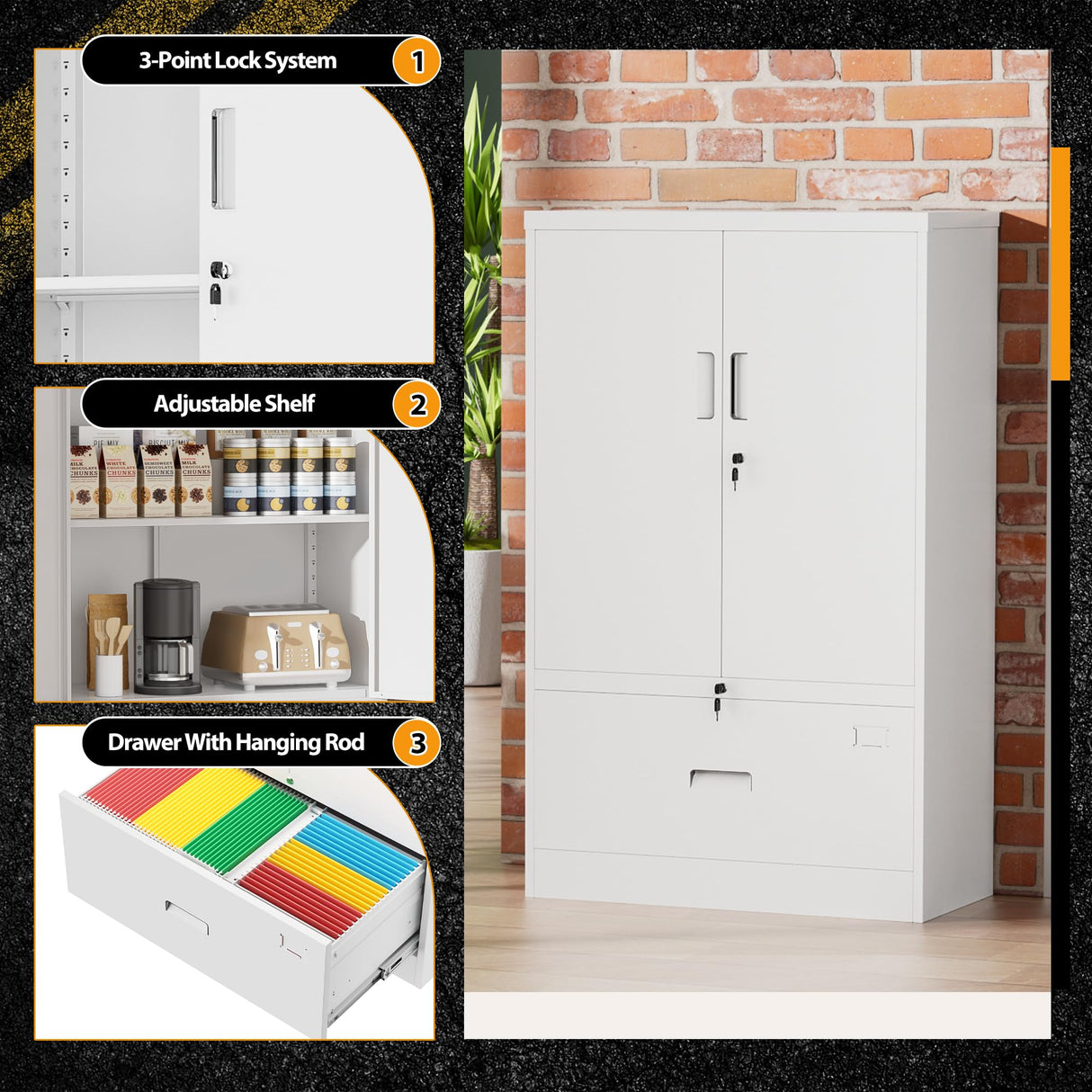 Greenvelly Metal Storage Cabinet with Drawer, 51” White Lateral File Cabinet with Doors and Shelves, Steel Metal Filing Lockers for Home Office Hanging Files Letter/Legal/F4/A4 Size Greenvelly