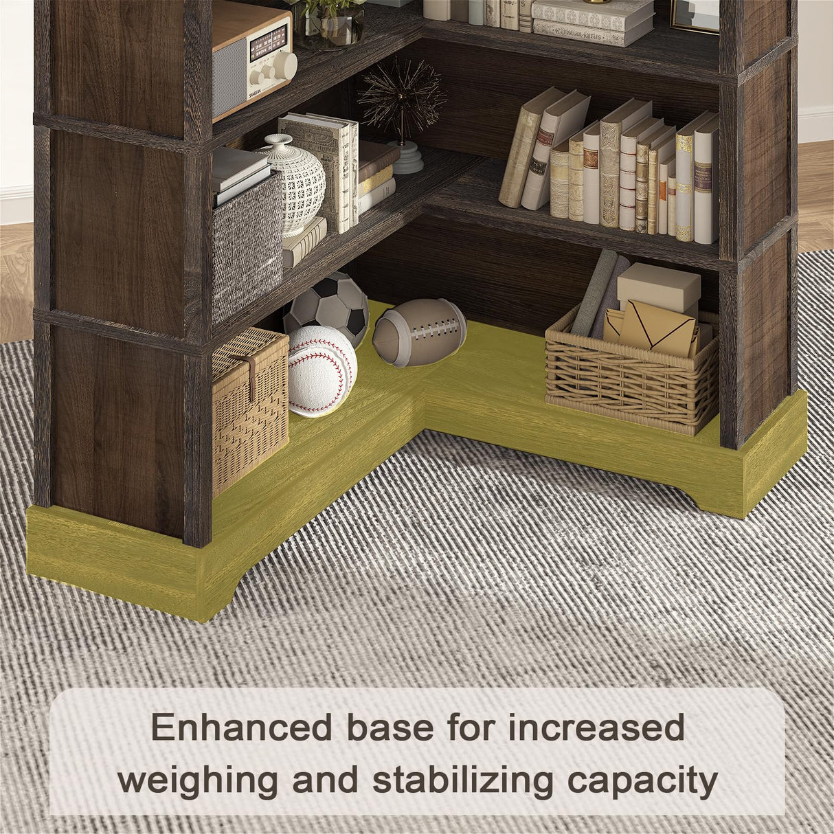 TVU Wood Corner Book Shelf, 5 Tier 65 Inch Tall Bookshelf with Storage, Floor Standing Display Book Shelf for Living Room, Kitchen, Home Office, Rustic Brown TVU