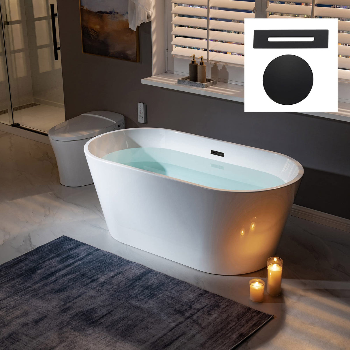 WOODBRIDGE 59" Acrylic Freestanding Bathtub Contemporary Soaking White Tub with Matte Black Overflow and Drain,B0014-MB-Drain &O WOODBRIDGE