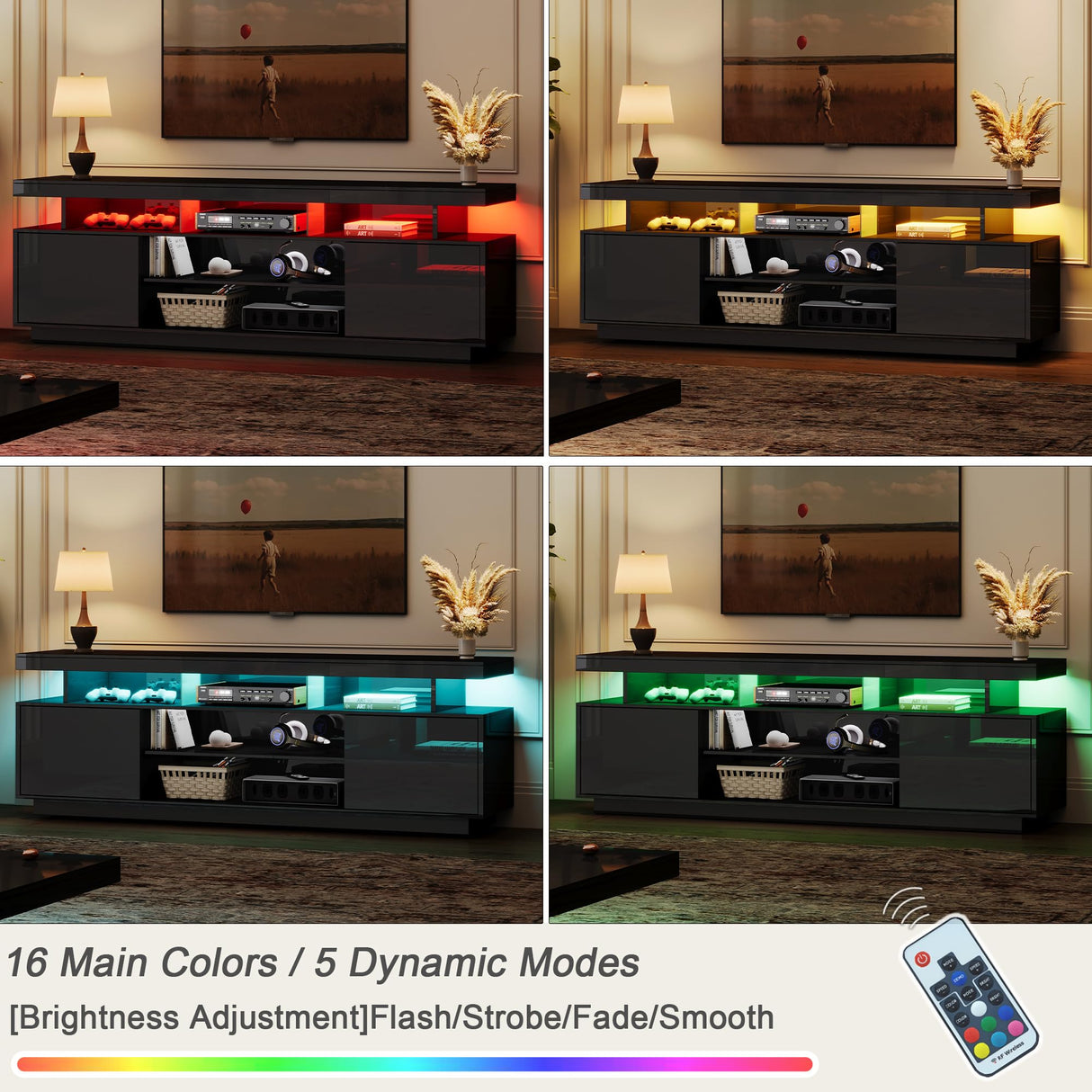 ChooChoo Modern LED TV Stand for 50/55/60/65 Inch TV, High Glossy Entertainment Center with 2 Storage Cabinets, Media Console with 5 Open Shelves for Living Room, Bedroom, Black ChooChoo