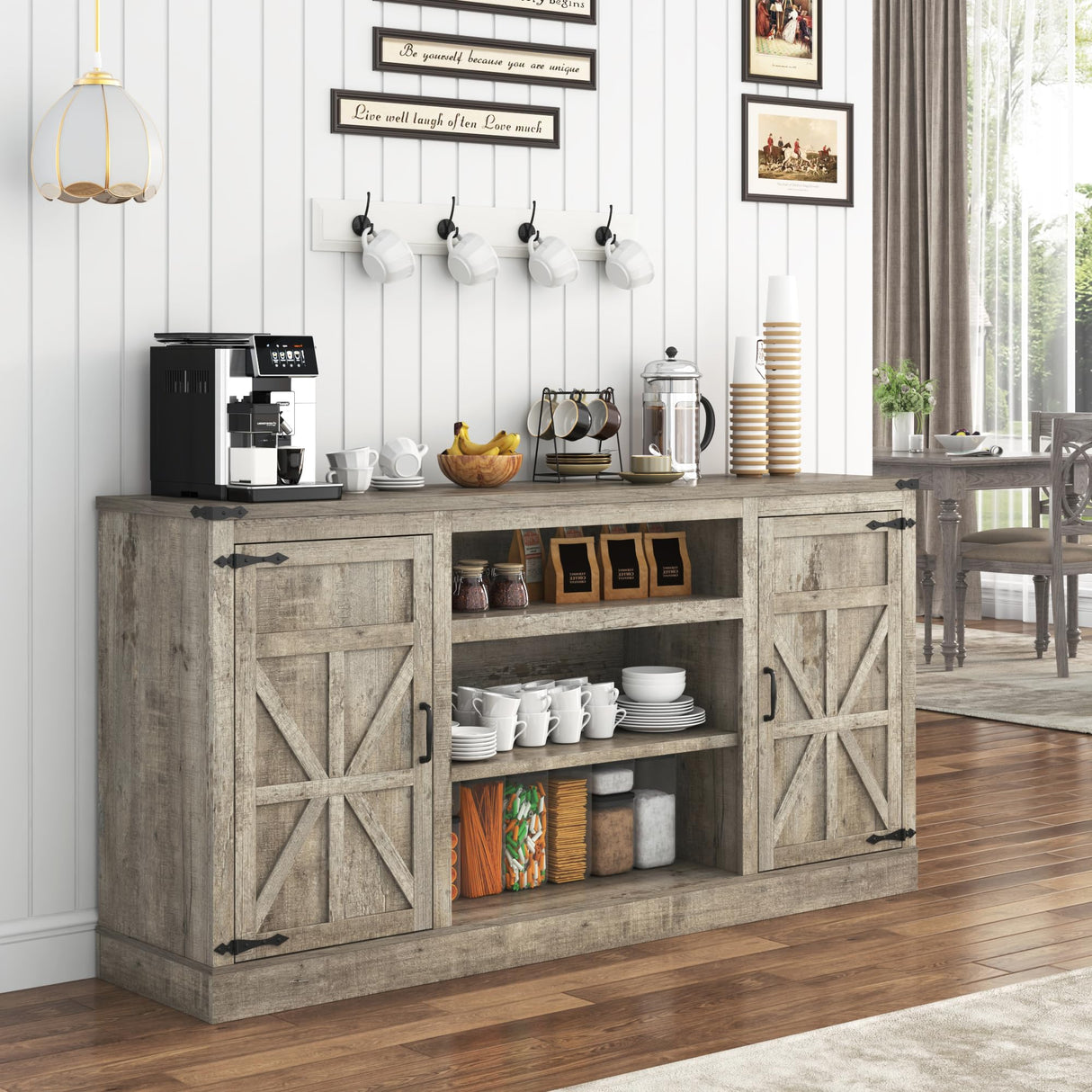 Hlivelood 66" Farmhouse TV Stand with Power Outlets for 75 Inch TVs, 33" Tall Entertainment Center with Storage Cabinets w/Adjustable Shelves, Rustic Large TV Media Console, Light Rustic Oak Hlivelood