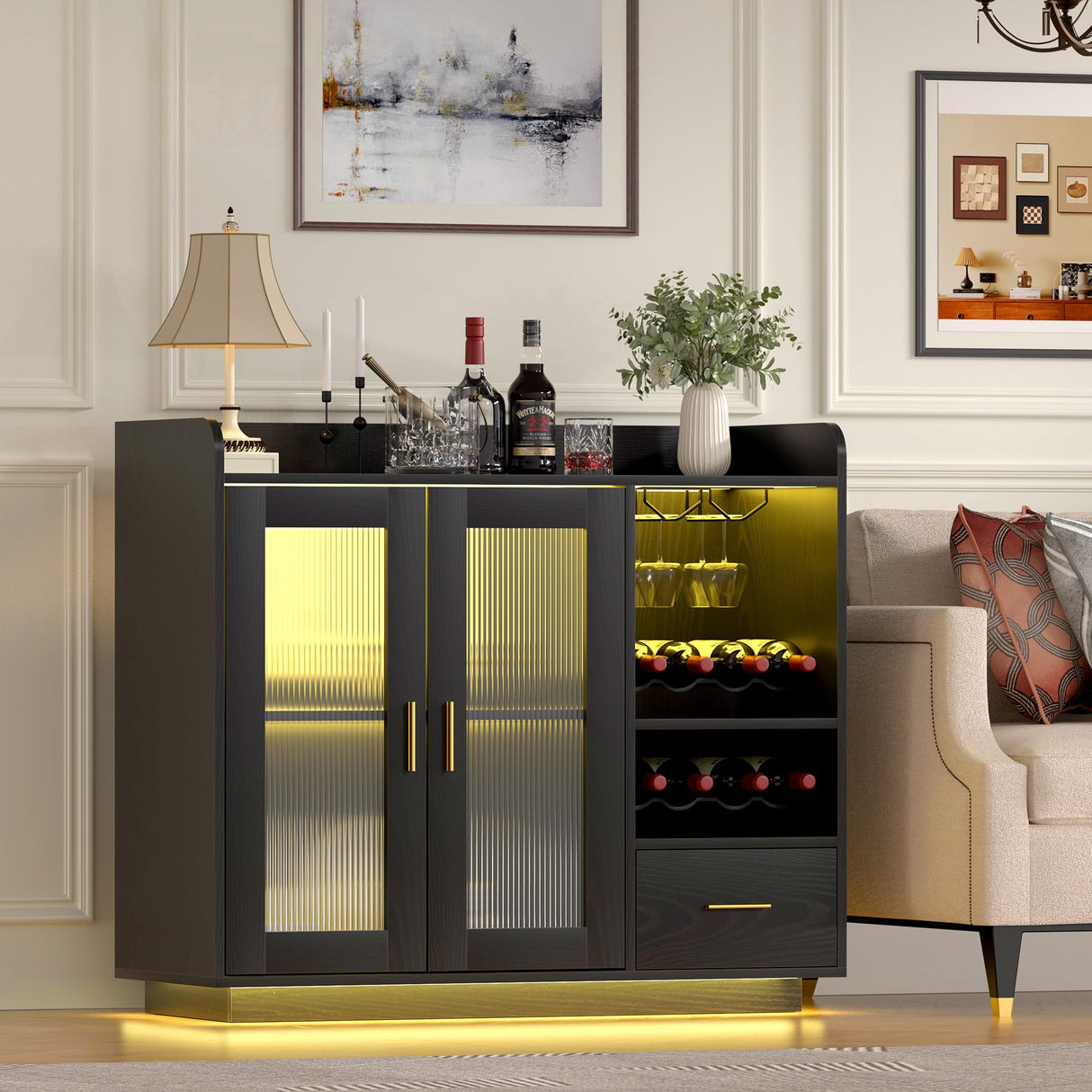 Wine Bar Cabinet with LED Light, Floating Coffee Cabinet with Wine and Glass Rack, Kitchen Buffet Sideboard with Glass Doors and Drawer, Modern Liquor Cabinet for home, Kitchen, Living Room, Black SYESWAY