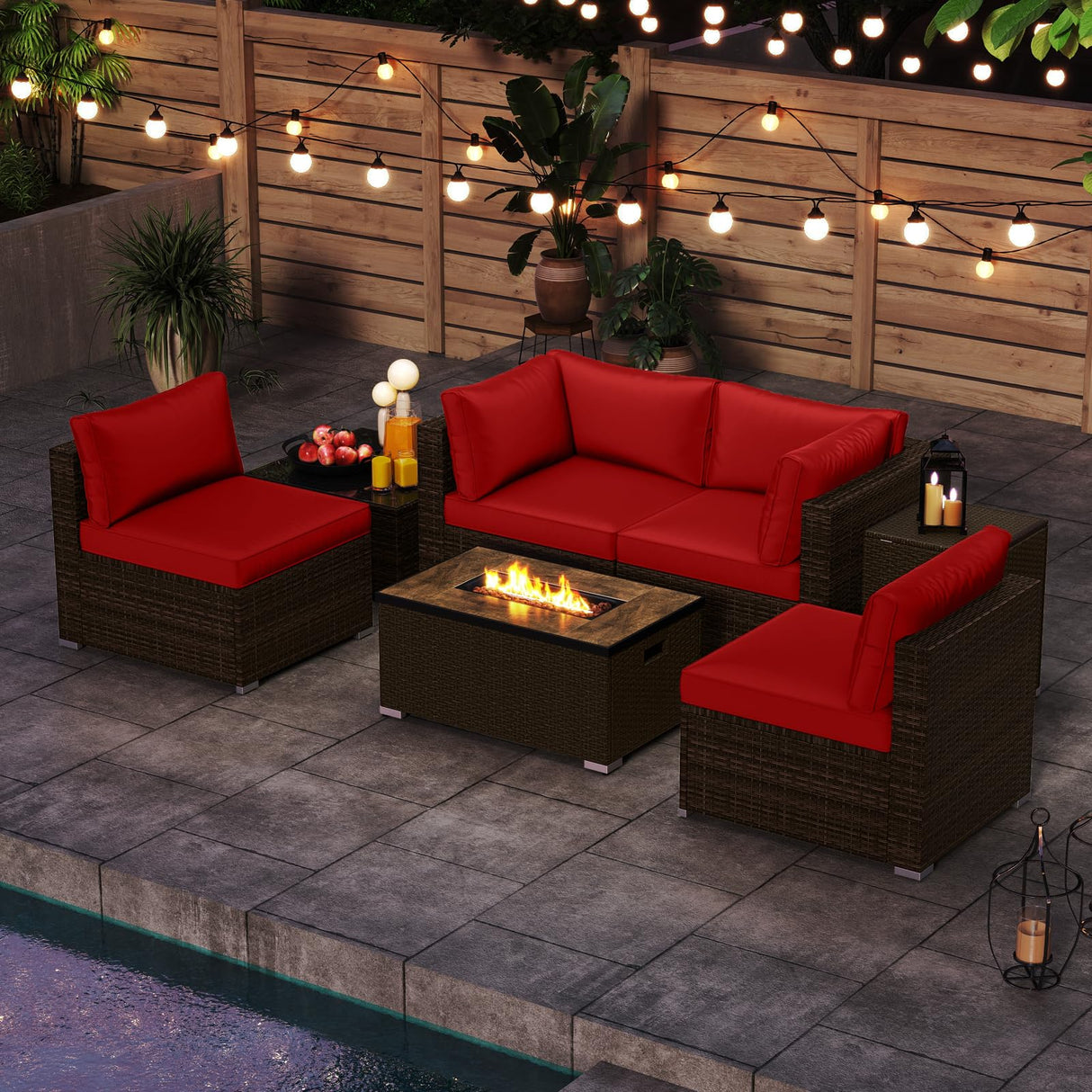Tangkula 7 Pieces Outdoor Sectional Sofa Set Set with 32” Fire Pit Table and Propane Tank Cover, for Deck, Garden and Backyard, Fire Pit Protective Cover Included (Red) Tangkula