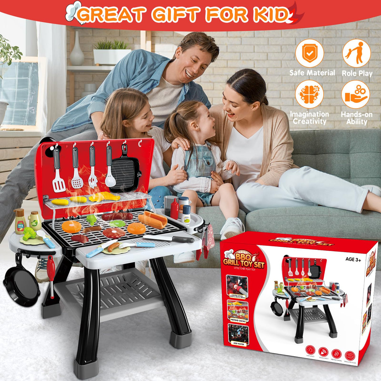 Bstoyder Kids Play Kitchen Toys, Kids BBQ Grill Kitchen Playset with Smoke, Sound & Light, Pretend Play Food Toys Cooking Set, 2-Layer Barbecue Outdoor Play Grill Toy Gift for Toddler Boys Girls 3-5 Bstoyder