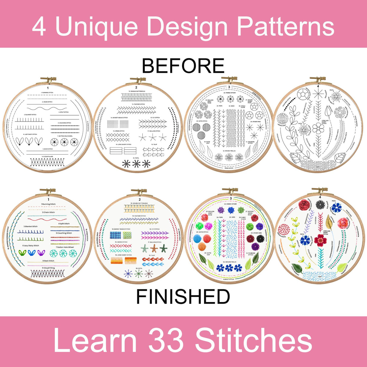 Moni Crafts Embroidery Kit for Beginners – DIY Hand Embroidery Set for Adults and Kids with 4 Stamped Patterns, Hoop, Threads, Needles and Step-by-Step Stitch Guide to Learn 33 Stitches Moni Crafts
