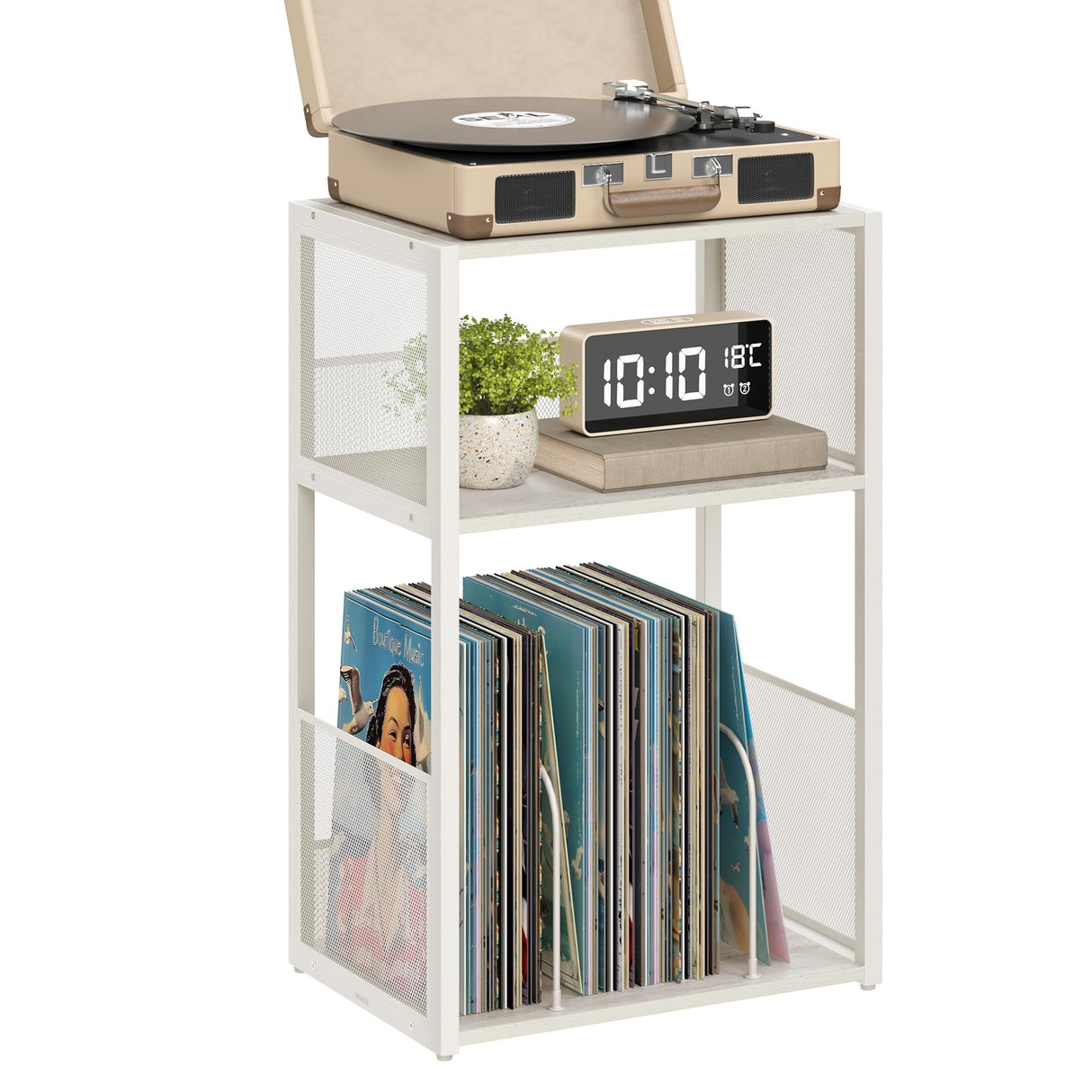 VASAGLE Record Player Stand, 3-Tier Side Table, Vinyl Record Storage up to 100 Albums, End Table for Living Room, Bedroom, Rustic White ULET275W01 VASAGLE
