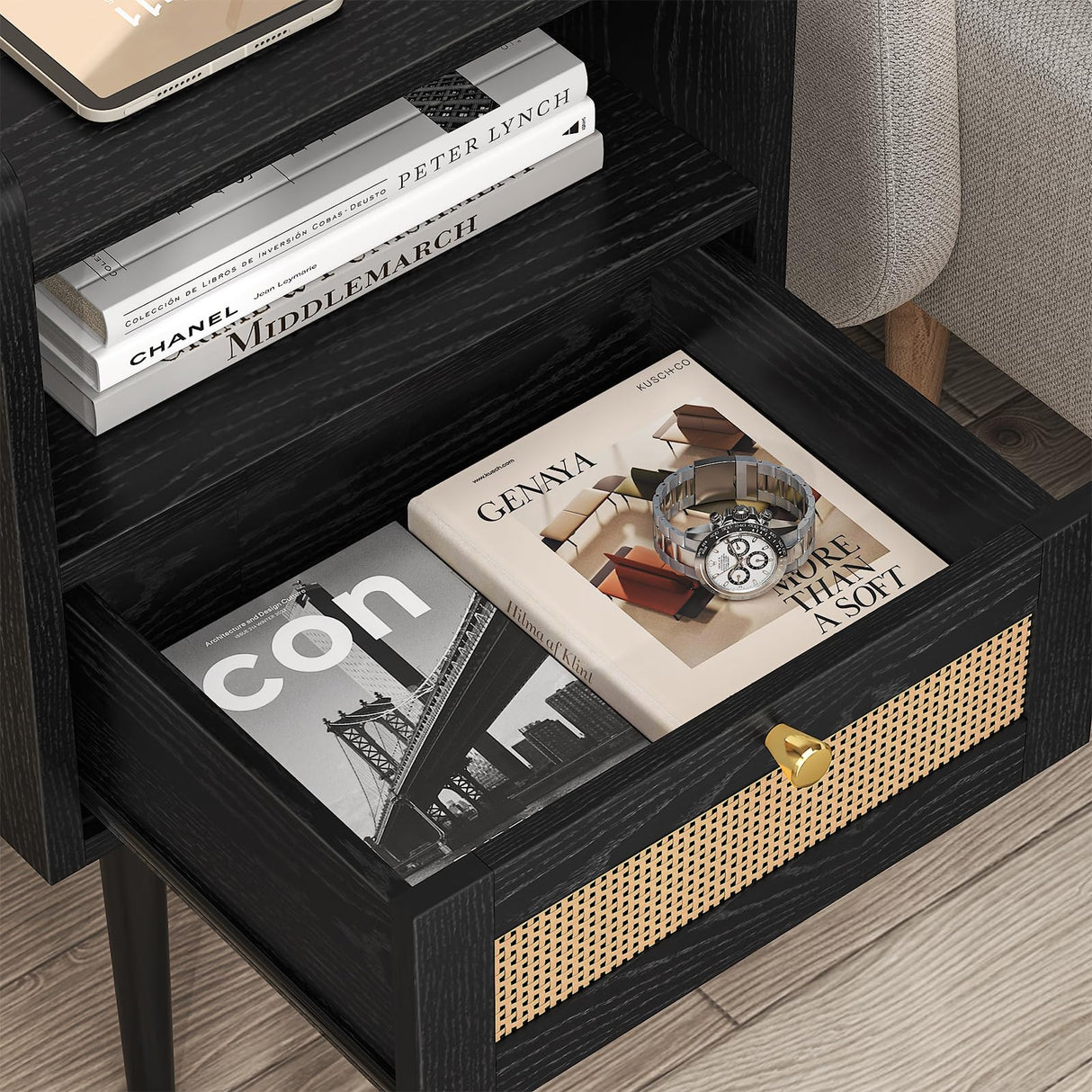 Night stand Set of 2, Bedside Tables with Charging Station, Rattan End Tables, Boho Bed Side Tables, Wood Nightstands set of 2 for Farmhouse Bedroom Living Room Dorm Sofa Couch Office Corner (Black) MECHYIN