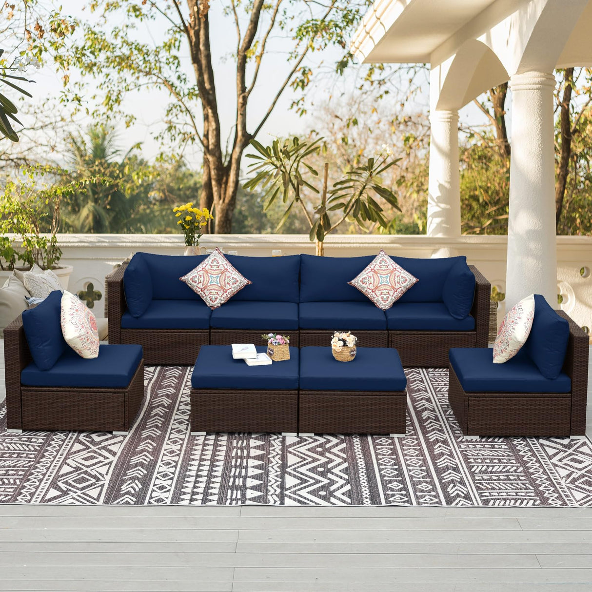 NICESOUL® Large 8 Pieces Brown Deep Seating Patio Backyard Patio Furniture with Ottomans Wicker Sectional Wicker Rattan Conversation Set with Navy Blue Olefin Cushion NICESOUL