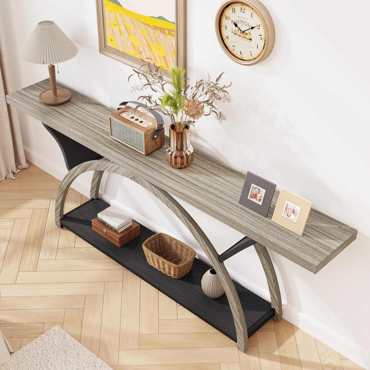 Tribesigns 70.87" Console Table with Storage Shelf, Narrow Long Sofa Table Behind Couch Table, 2-Tier Rustic Entryway Table with Half Moon Frame for Hallway Living Room, Gray & Black (Gray & Black) Tribesigns