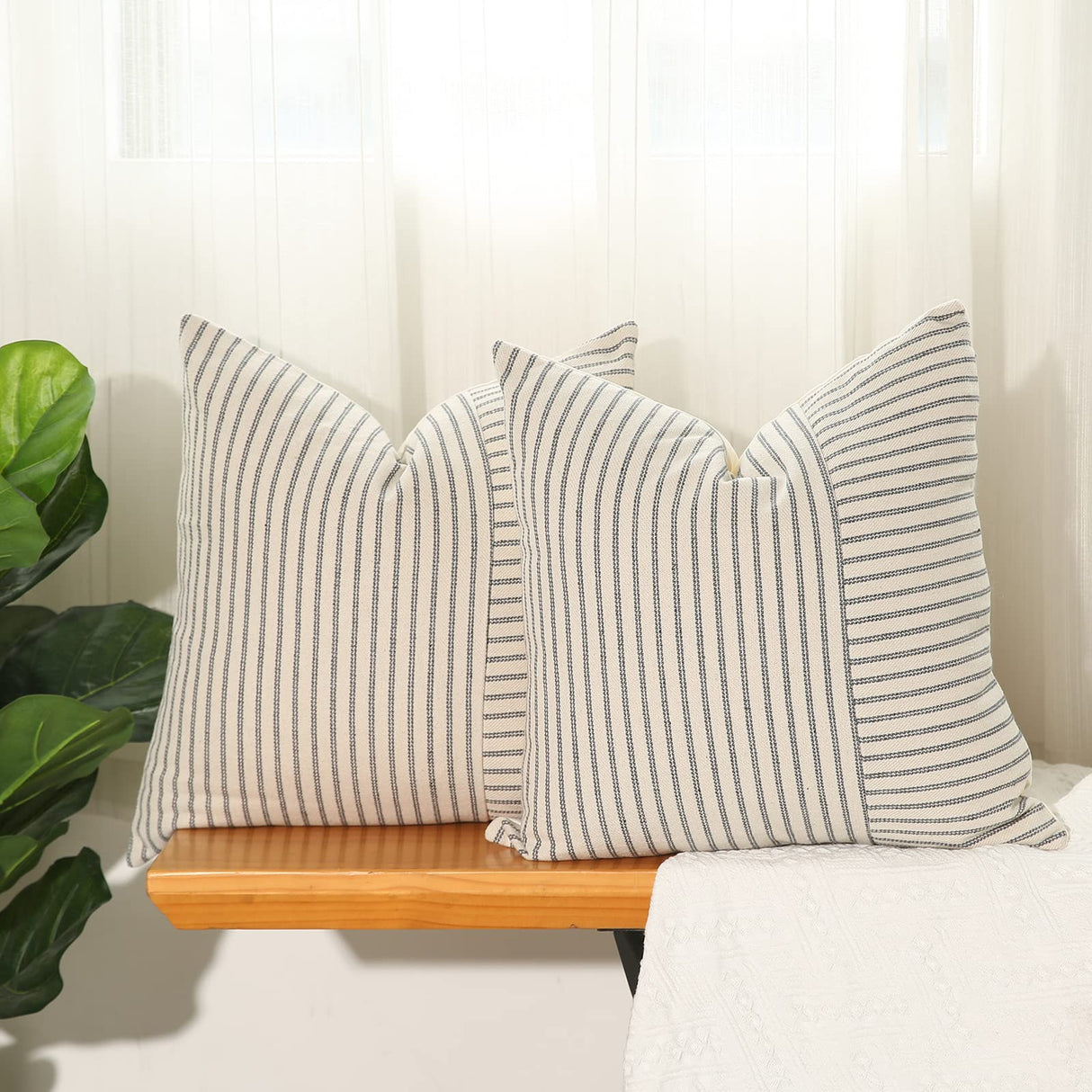 Hckot Set of 2 Farmhouse Throw Pillow Covers 18 x 18 Striped Linen Decorative Pillows Case for Sofa Couch Chair Bedroom Modern Decor(Grey) Hckot