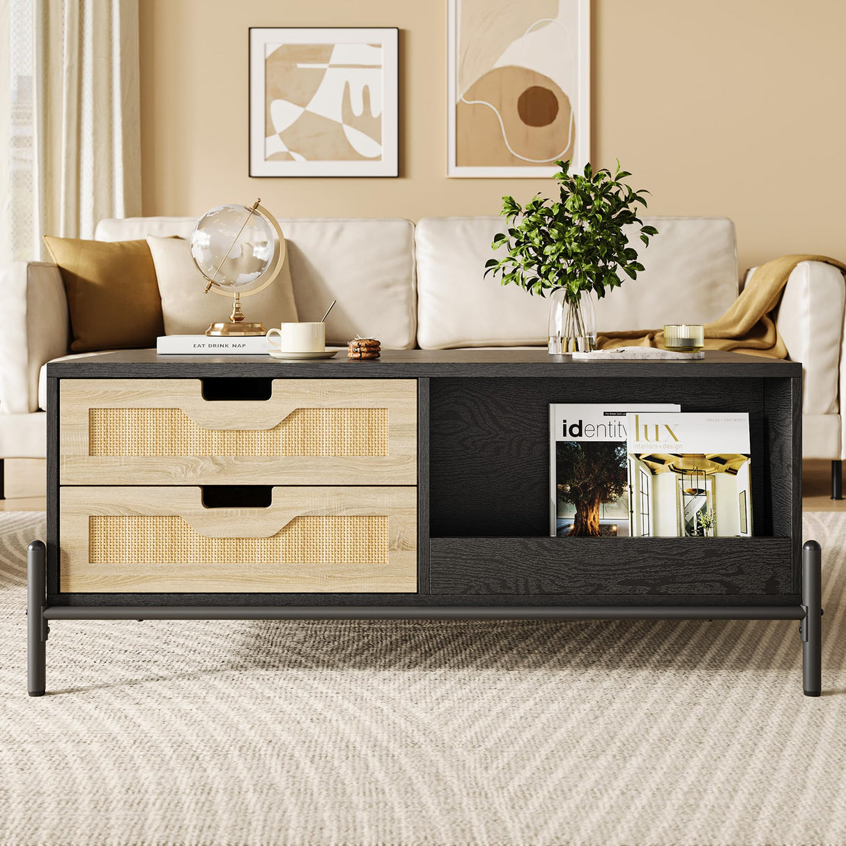 GAOMON Modern Coffee Table, 39.4" Rectangular Coffee Table with Nature Rattan Drawers and Storage Shelves, Funky Center Table with Led Lights, Black Cocktail Table for Living Room Apartment GAOMON