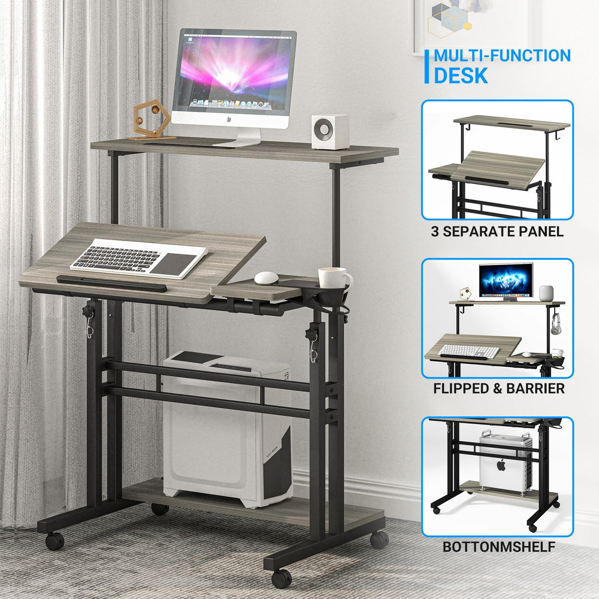 Mobile Standing Desk, Adjustable Rolling Computer Desk with 3 Desktops, Portable Laptop Table with Cup Holder, Home Office Laptop Workstation on Lockable Wheels, Grey Oak Panta