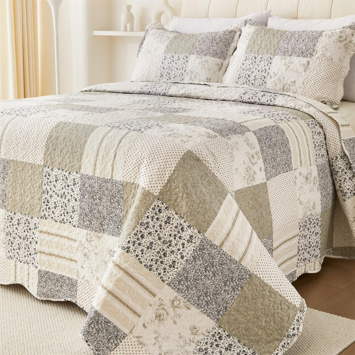 Cmfshape Summer Floral King Quilt Set,Grey Patchwork Quilts King,Reversible Quilted Bedspread with 2 Shams, Vintage Farmhouse Coverlet(Grey, King102 x90) Cmfshape
