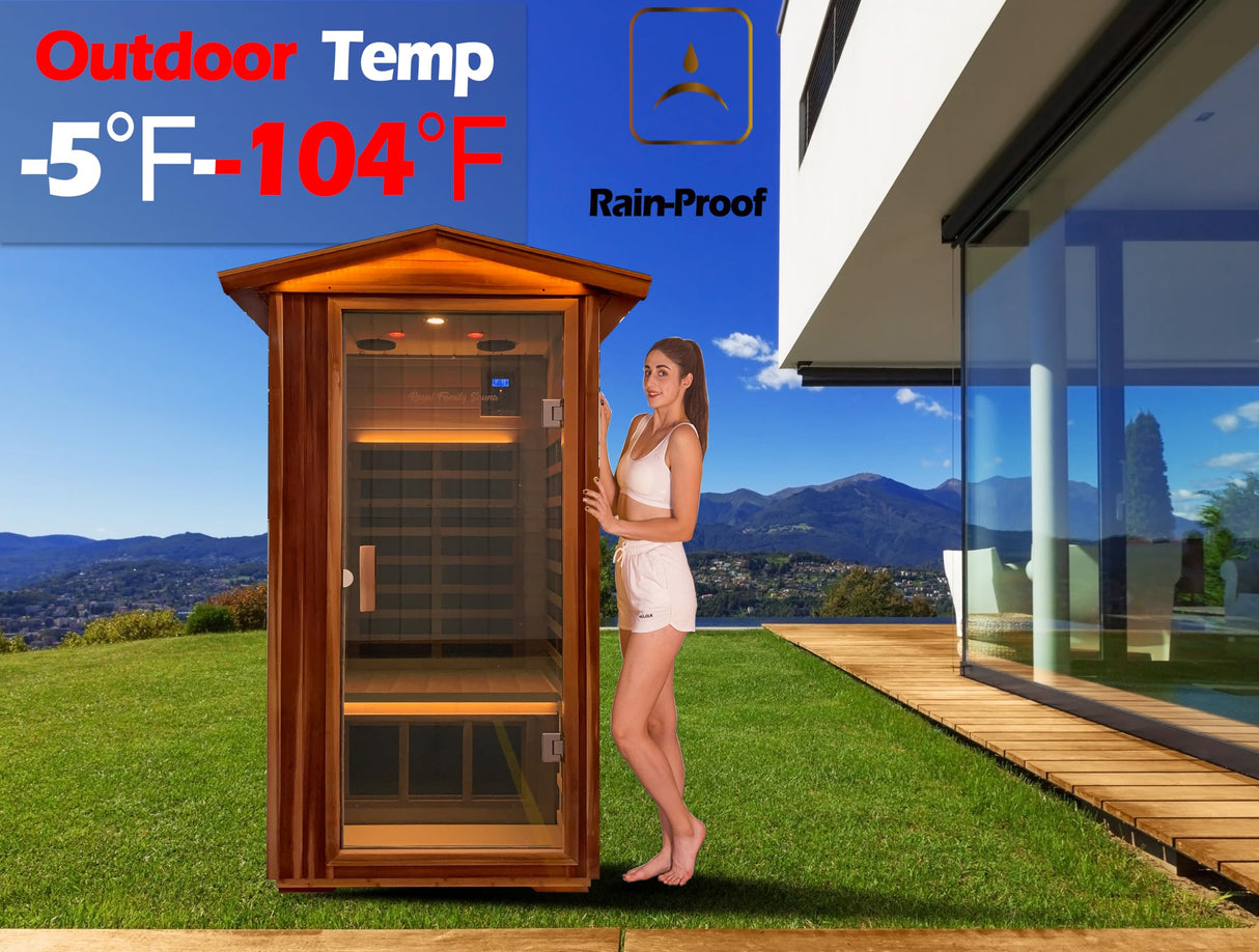 LTCCDSS Red Cedar Outdoor Sauna 1 Person, Low EMF Far Infrared Sauna for Home, Withstand Outdoor Temp -10℉-149℉| EMF Readings Below 0.5mG, 9 Low EMF Boards-Chromotherapy-Bluetooth Speaker LTCCDSS