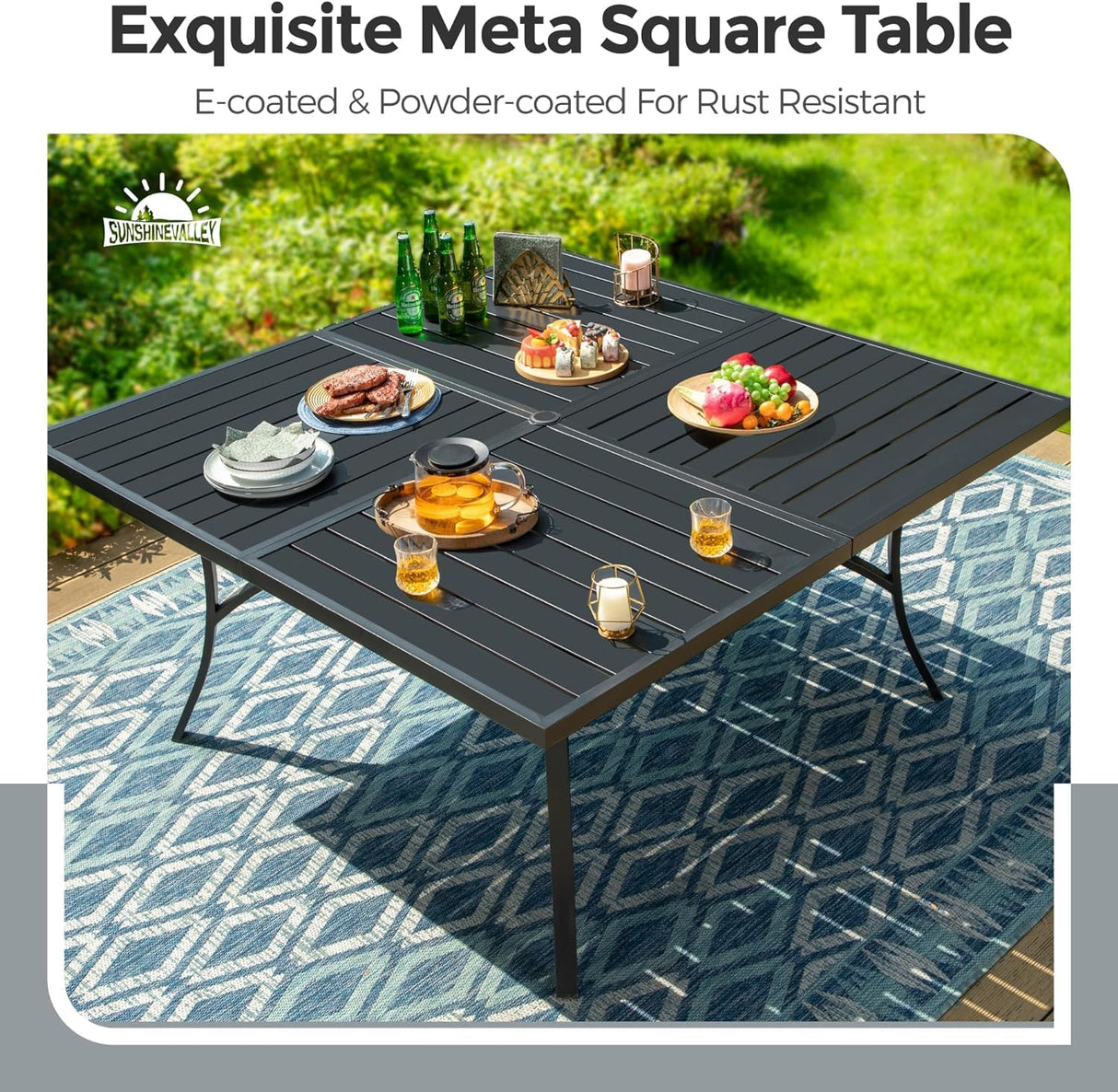 9 Pieces Patio Dining Set, 8 x Woven Rattan Chairs with Waterproof Cushion, 60" Square Metal Dining Table with Umbrella Hole, Outdoor Table and Chairs Set for Backyard Lawn and Deck, Beige SUNSHINE VALLEY