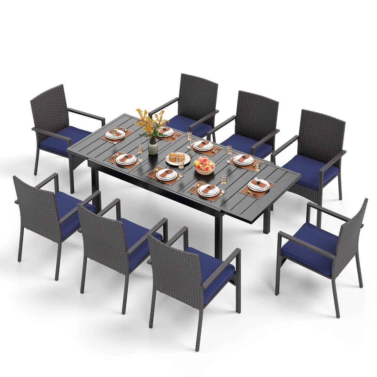 PHI VILLA 9 Piece Large Outdoor Dining Table Set for 8, Expandable Rectangular Steel Dining Table & Cushioned Rattan Wicker Chairs, Dining Furniture Set for Patio, Deck, Yard PHI VILLA